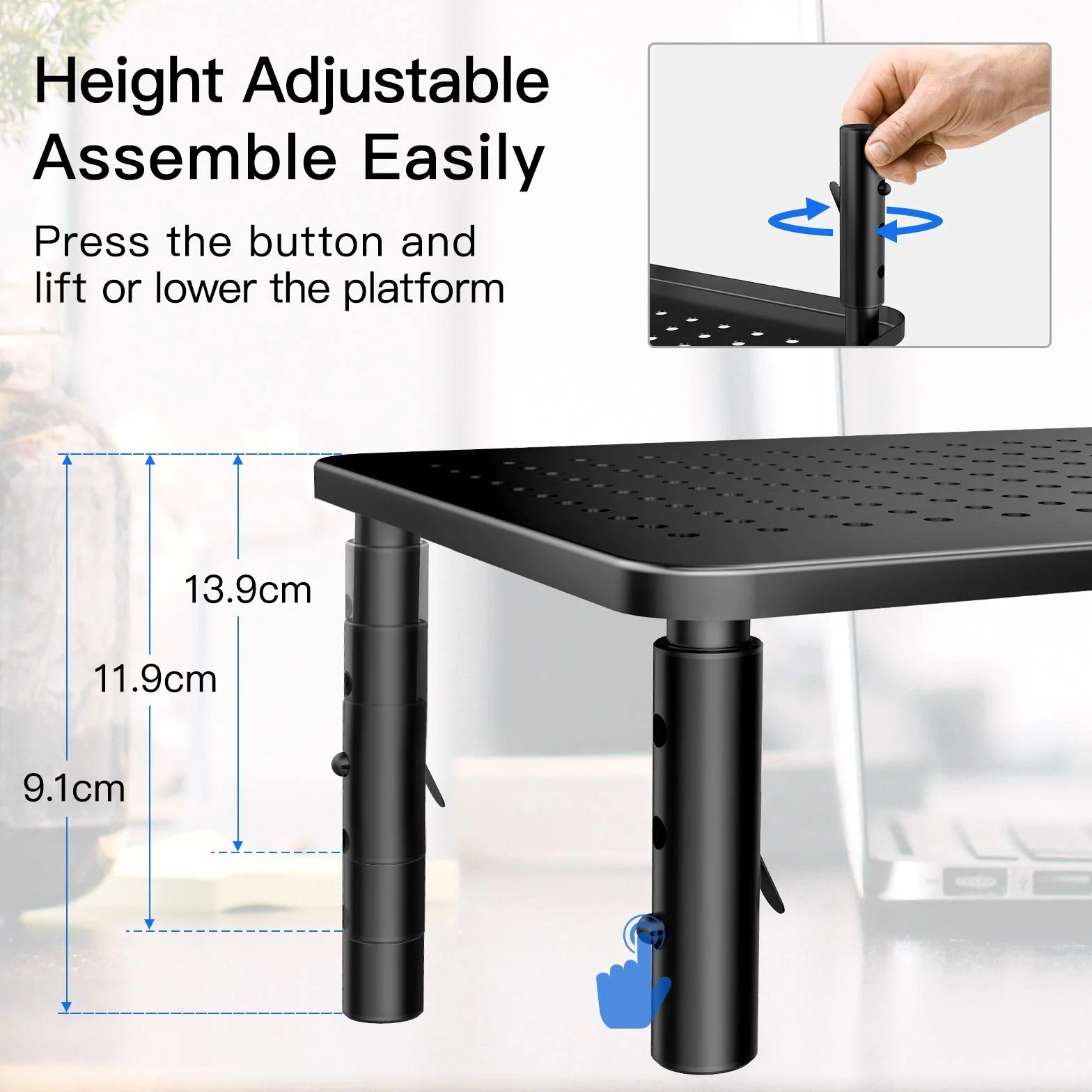 HUANUO Uchwyt na monitor – ergonomiczny i regulowany uchwyt na laptopa w 3 wysokościach z siatkową platformą do laptopa, komputera, iMaca, PC, drukarka do 20 kg