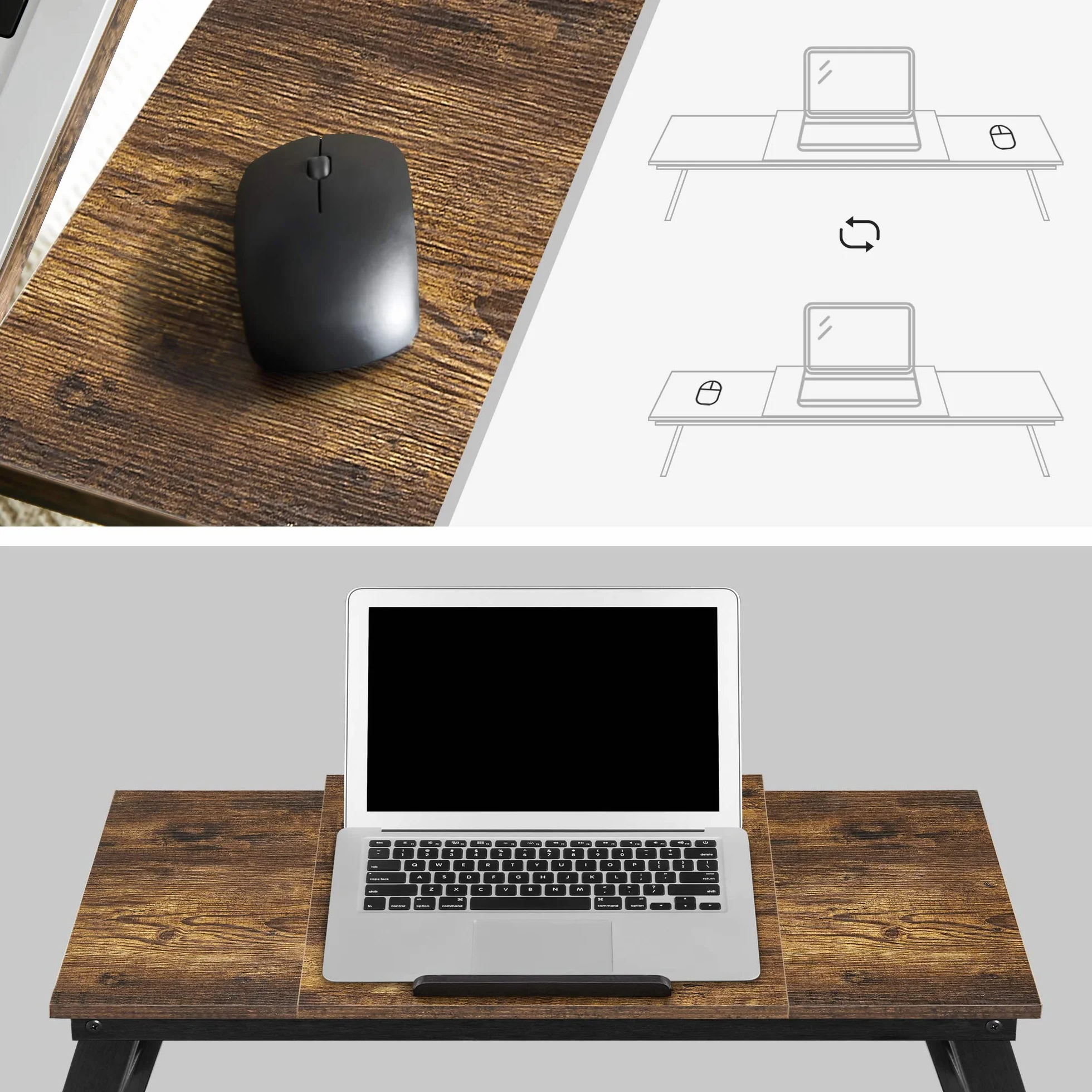 SONGMICS stolik pod laptopa, stojak na laptopa, stolik pod notebooka, taca śniadaniowa, składane nogi, z regulacją wysokości, na łóżko i sofę, do laptopów o przekątnej do 14,3", 71 x 35 x 23 cm, brązowy vintage LLD110B01