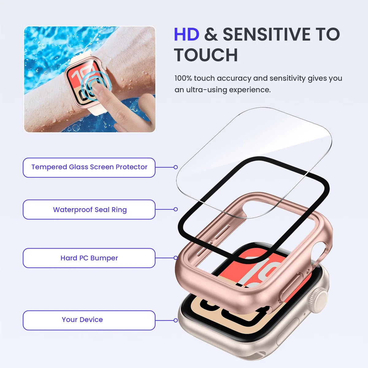 Kamita Wodoodporne etui do Apple Watch Series SE 3/SE 2/SE/6/5/4 44mm, twarde etui PC Bumper z wbudowaną folią ochronną ekranu ze szkła hartowanego, pełne pokrycie ochronne do iWatch 44 (różowe złoto)