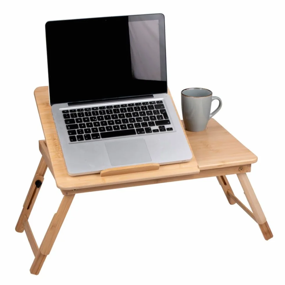 Stolik pod laptopa regulowany – stolik pod laptopa – stojak na laptopa – 21,5 x 27,5 cm – składany stolik – z uchwytem na napoje i miejscem na tablet – drewno bambusowe, brązowy