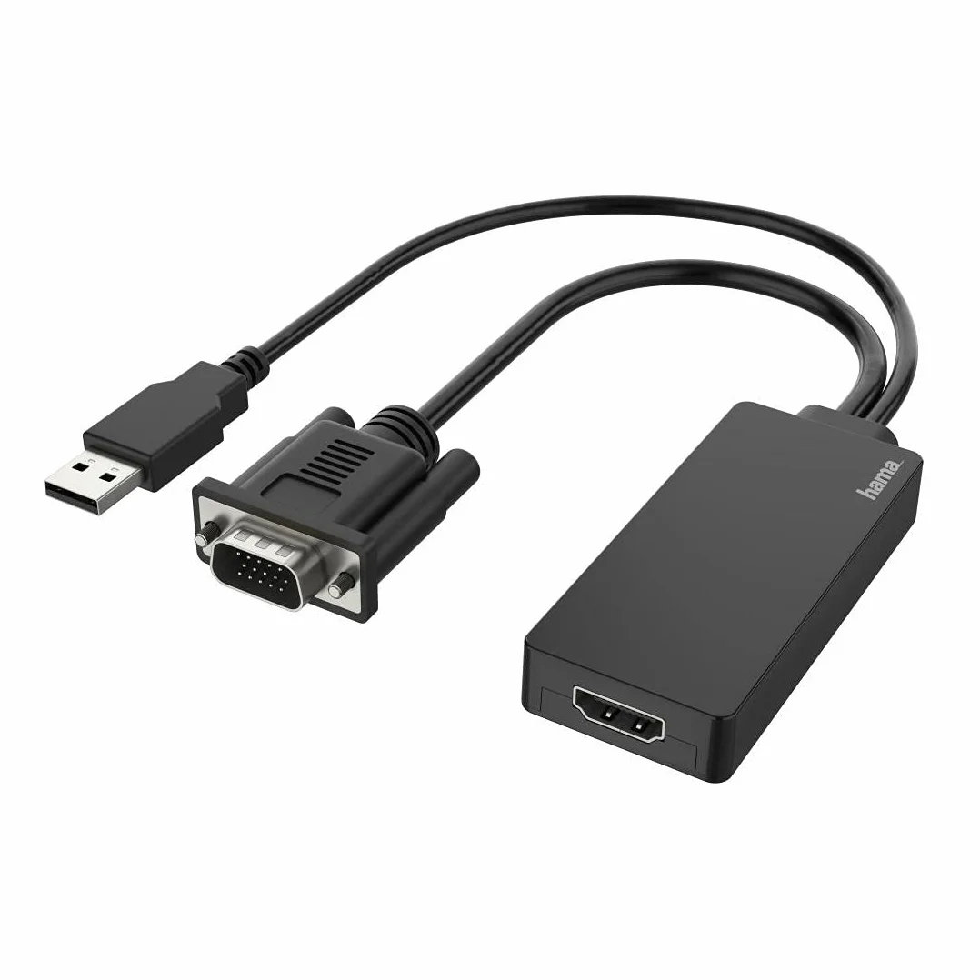 Hama Adapter VGA+USB - HDMI do przesyłu danych analogowych i sygnałów audio/wideo (Full HD, 1080p, kabel 15cm) czarny