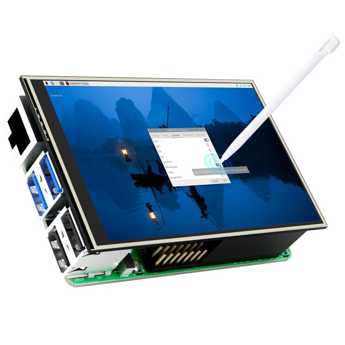 CUQI Ekran dotykowy 3,5 cala, 480 x 320 pikseli, 60 kl./s, mini monitor z rysikiem i mini wentylatorem, do Raspberry Pi 3/4/5