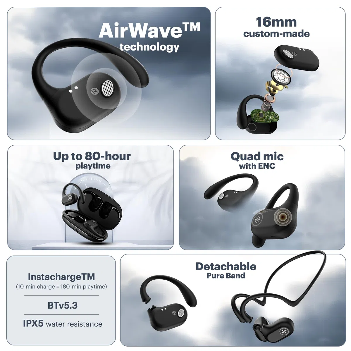Noise Pure Pods Bezprzewodowe otwarte słuchawki douszne z technologią AirWave, czas odtwarzania do 80 godzin, czterokrotny mikrofon z ENC, neodymowy dynamiczny przetwornik 16 mm, odłączany czysty