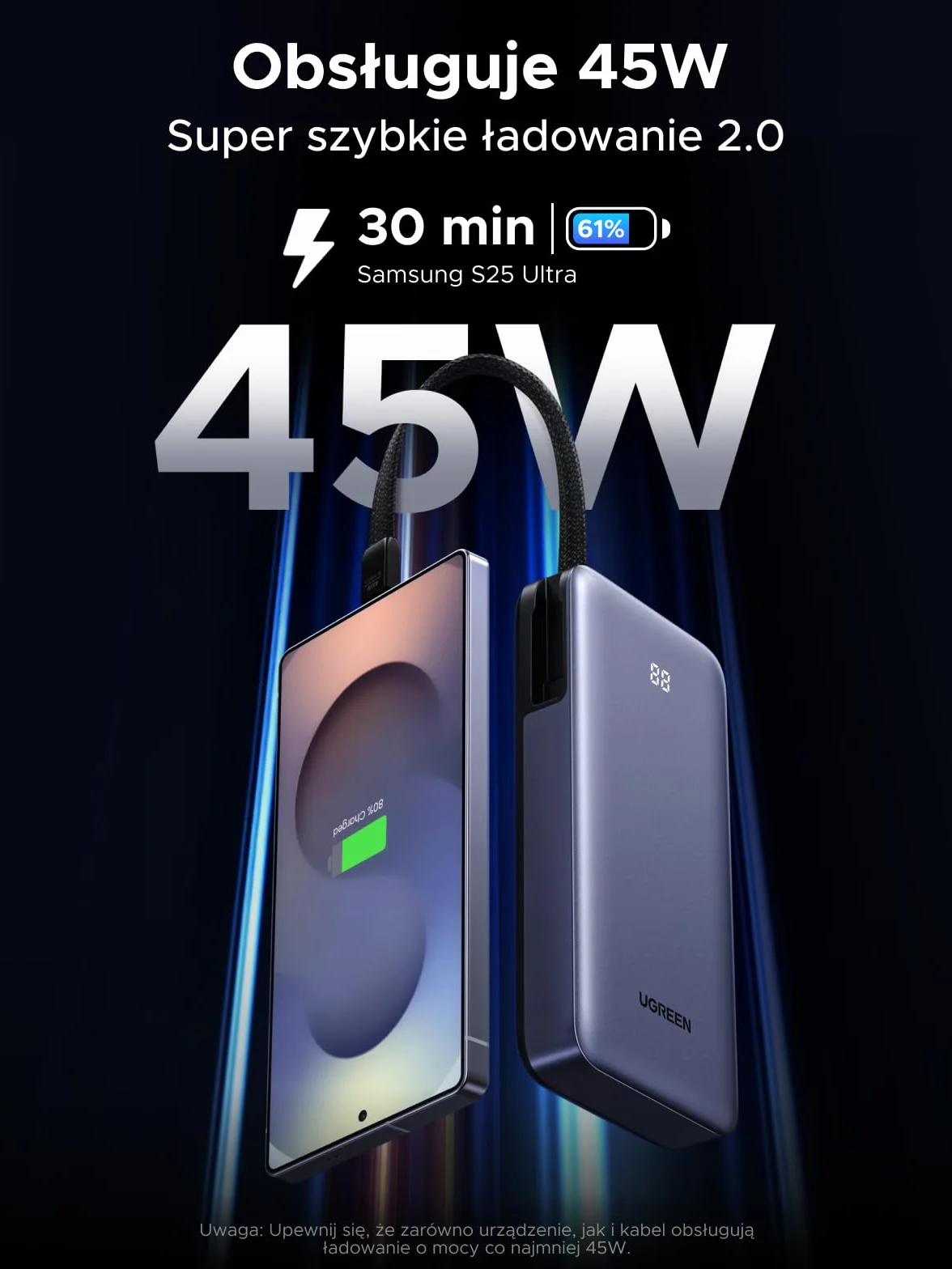 UGREEN Power Bank 20000 mAh 45W zintegrowany kabel USB-C dwukierunkowe zasilanie zewnętrzna bateria Galaxy S25+/Ultra