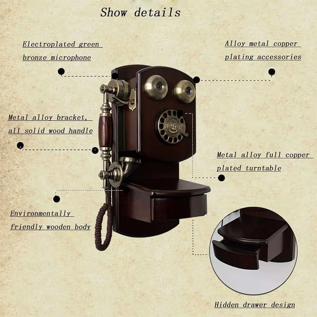Drewniany telefon ścienny w stylu vintage, z obrotową tarczą, funkcja połączeń bez użycia rąk, dekoracja retro, do domu, salonu, biura, kawiarni