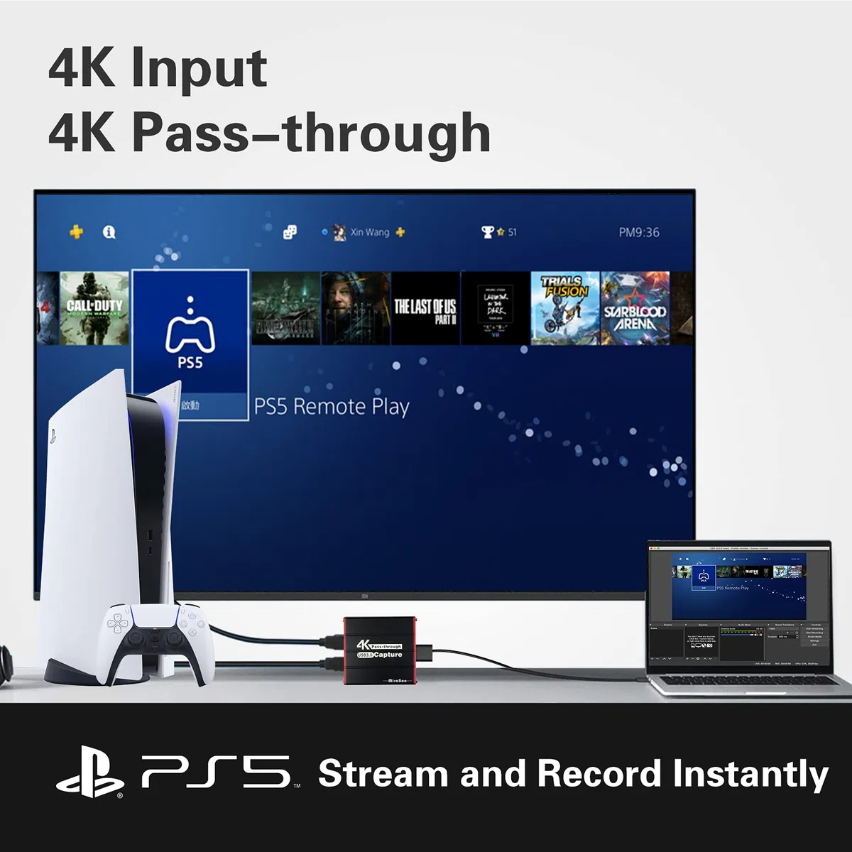 Mirabox Karta przechwytywania 4K, USB HD 1080p dla PS4 Nintendo Switch Wii U DSLR Xbox na OBS, XSplit, Twitch, Youtube Obsługa Windows, Mac, Zero Latency HDMI Loopout