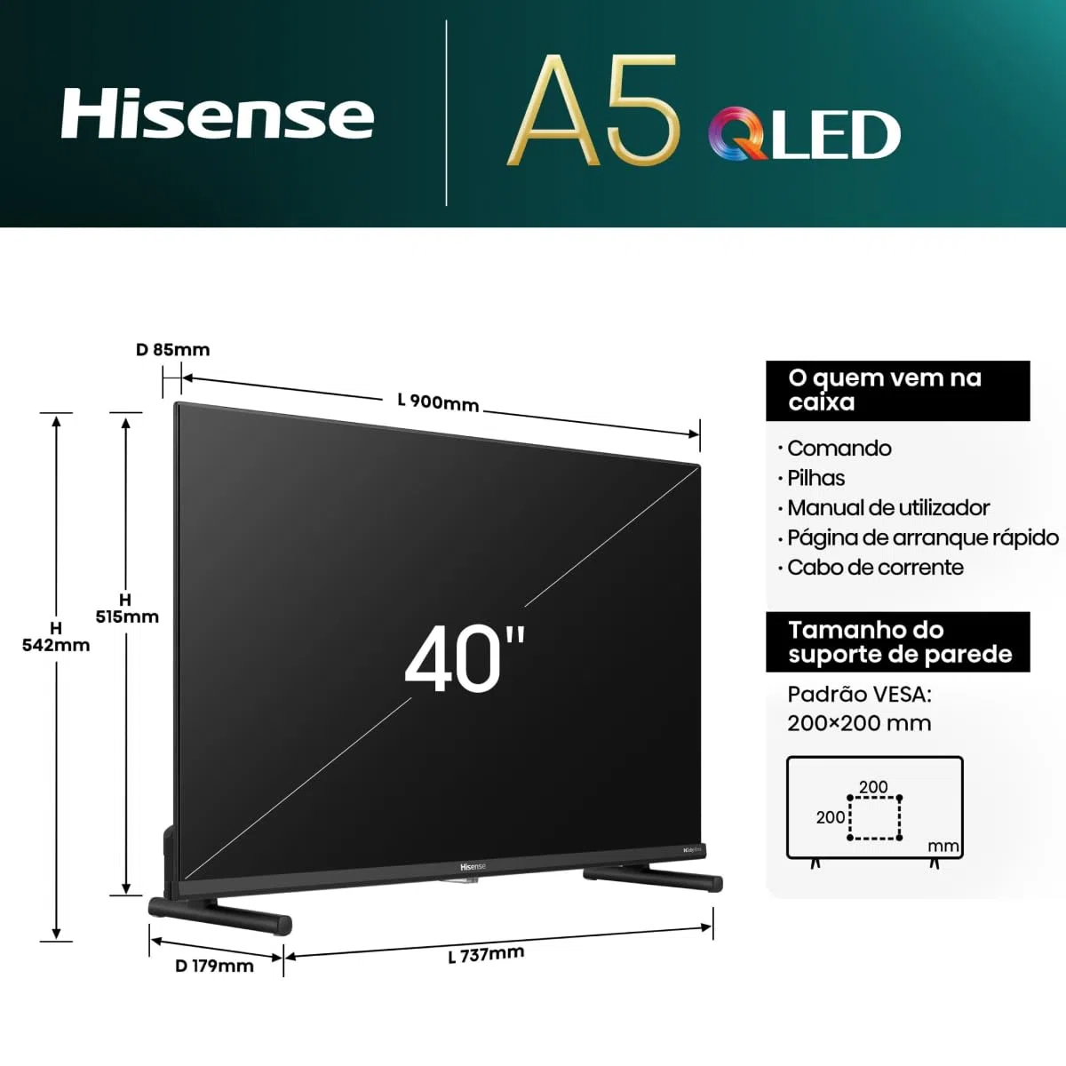 Hisense 40A5NQ QLED telewizor Full HD, Smart TV, potrójny tuer, tryb AI Sport, Dolby Atmos, Share to TV, podwójna pozycja, WiFi, tryb gier i hotel, czarny, 2024