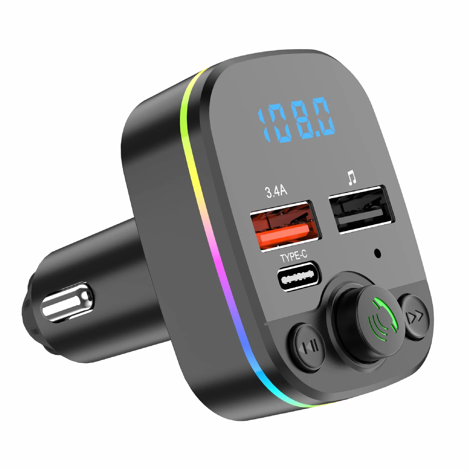 Samochodowy transmiter Bluetooth FM PD typu C Dual USB 3,4 A MP3 oświetlenie otoczenia zestaw głośnomówiący szybki kolorowy modulator odtwarzacz, ładowarka, odtwarzacz muzyki, zapalniczka z funkcją