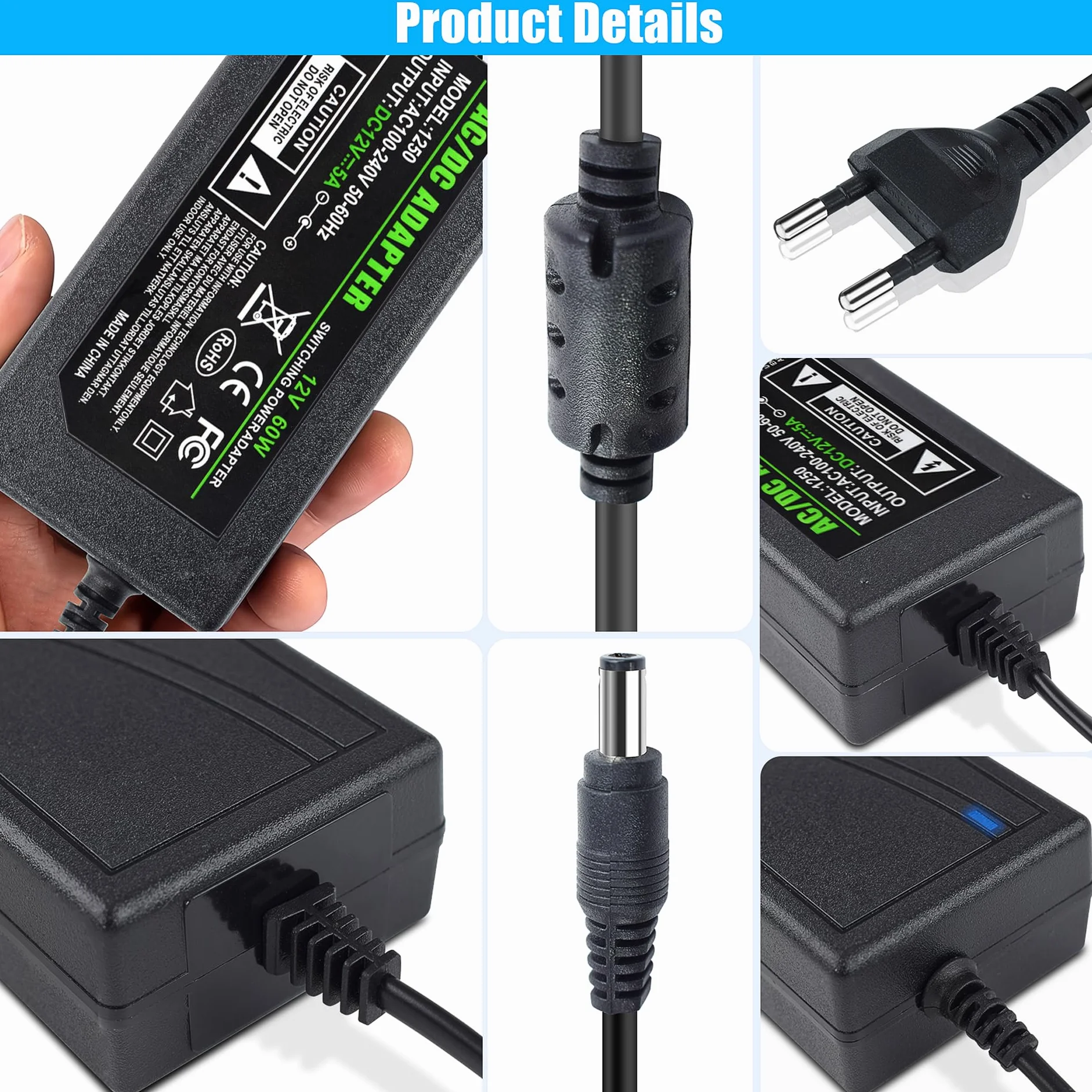 Zasilacz sieciowy 12 V, 5 A, 60 W, stabilny transformator ładowarki z zabezpieczeniem przed przeciążeniem/przegrzaniem, zasilacz 100-240 V AC do taśm LED, kamer monitorujących, odtwarzaczy DVD i