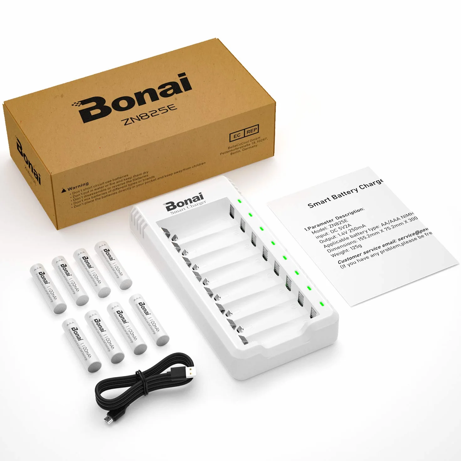 BONAI Akumulatory AAA i 8-gniazdowa ładowarka z kablem USB – Zestaw