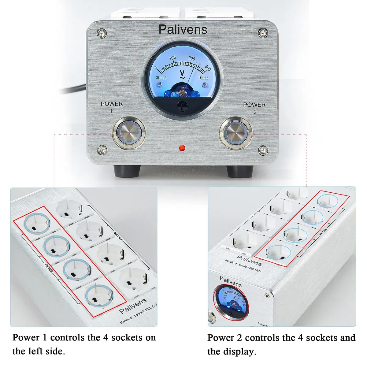 Listwa zasilająca z filtrem sieciowym HiFi, 8 gniazd z filtrem zakłóceń z odczytem wskazującym, ochrona przed przepięciem, ochrona przed obciążeniem do 15 A, wielokrotne gniazdo do głośników