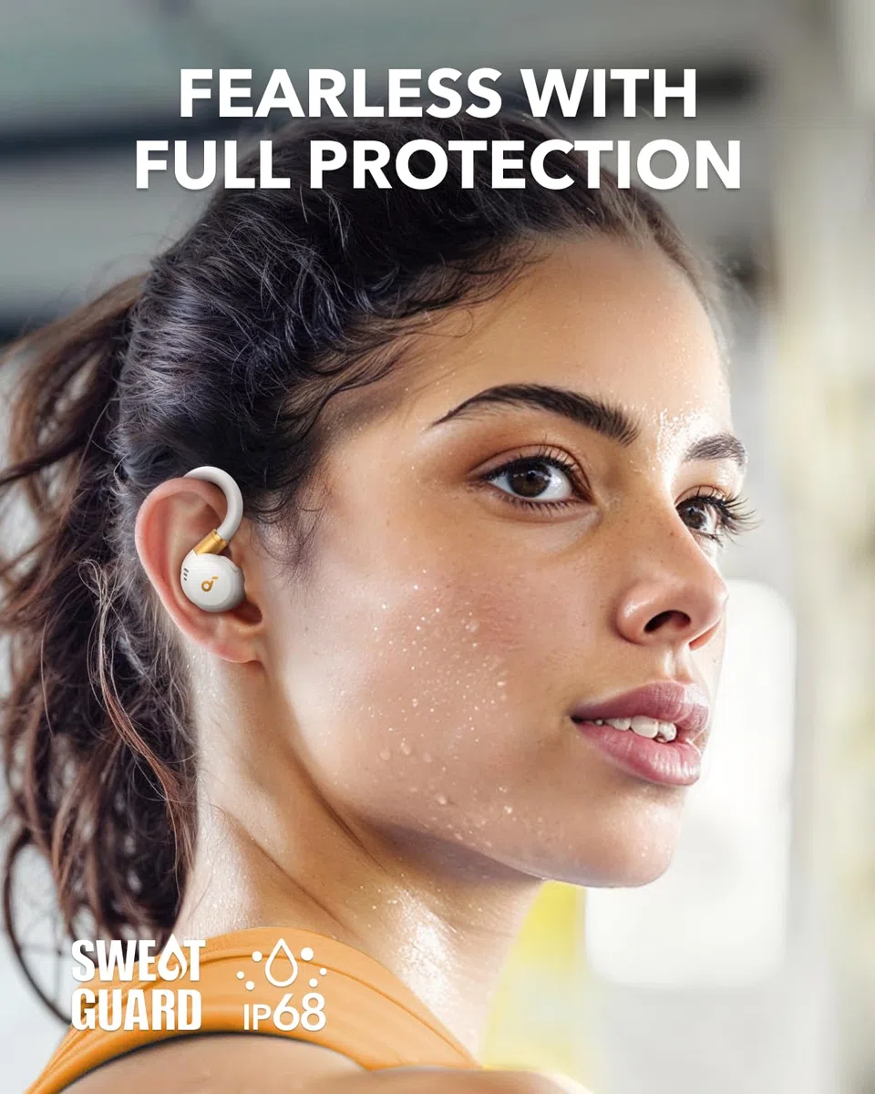 soundcore sportowe słuchawki douszne Sport X20(odnowiona) od Anker, bezprzew., obrotowe, wysuwane zaczepy na uszy, red. szumów, głębokie basy, wodoodp. IP68, odporne na pot i pył, 48 h odtwarzania