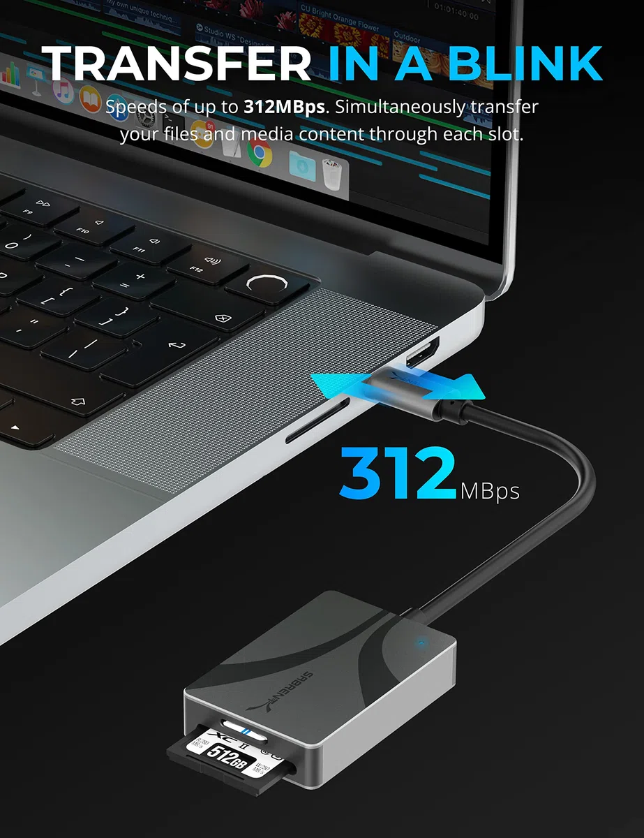 SABRENT Czytnik kart pamięci, czytnik kart USB typu C, podwójne gniazdo UHS II SDXC i microSDXC SD 4.0 5 Gb/s, aluminiowa obudowa, ultracienka, Plug and Play (CR-CSDM)