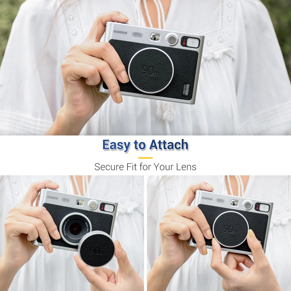 JJC Metalowa osłona obiektywu do aparatu fotograficznego Fuji Instax Mini Evo, akcesoria Mini EVO aluminiowa osłona obiektywu ze skórzaną powierzchnią i miękką stroną wewnętrzną z tworzywa EVA, czarna