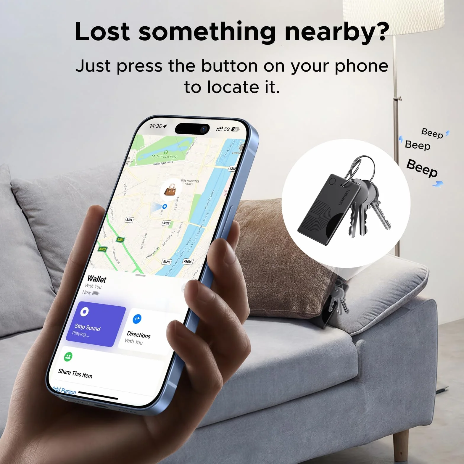 UGREEN FineTrack Slim lokalizator Bluetooth Apple Find My iOS, bateria 5-7 lat, sygnał 100 dB, do paszportów i portfeli