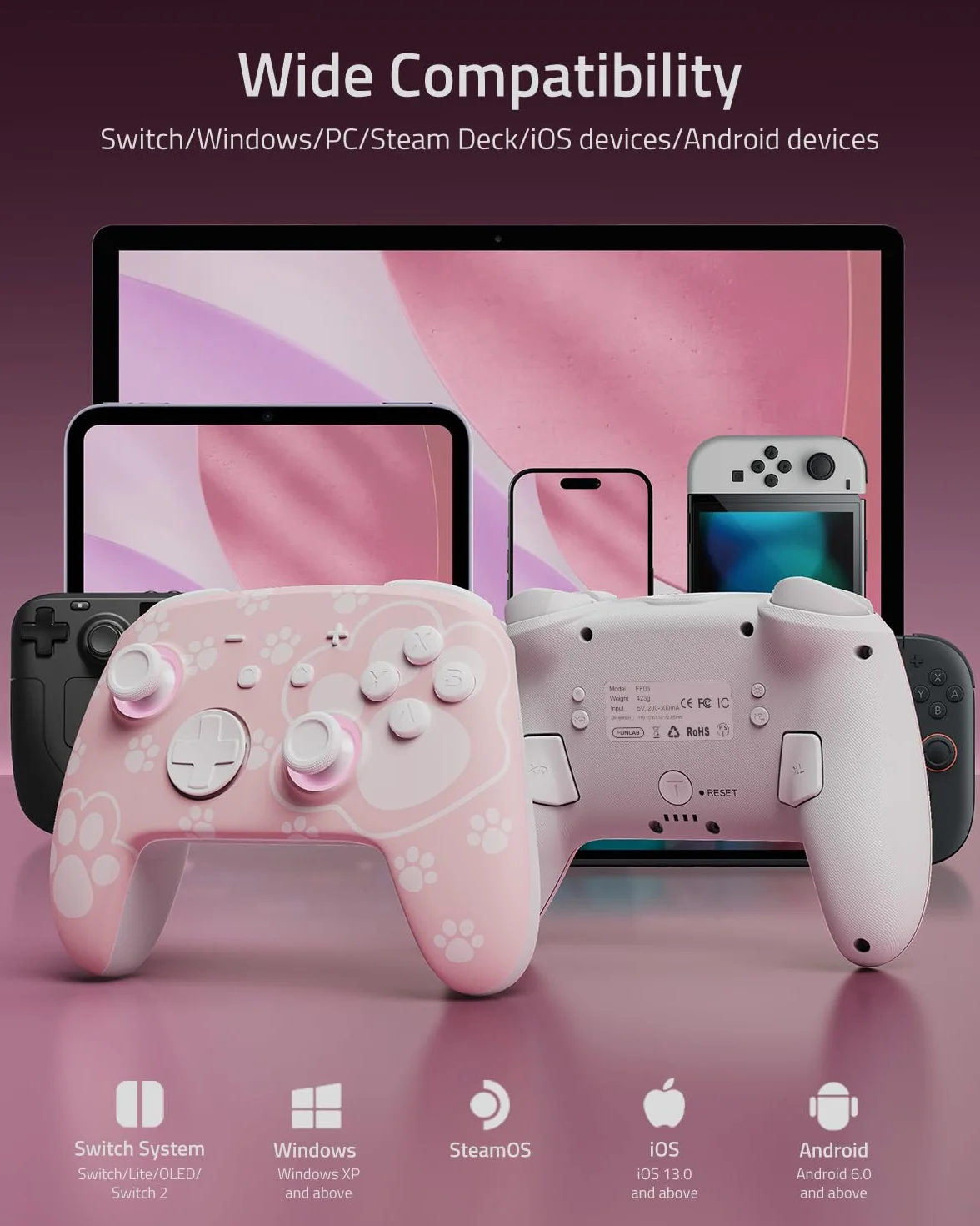 PALPOW Hall Effect Switch Pro Controller bezprzewodowy kompatybilny z Switch 2/OLED/Lite, FUNLAB Firefly Bluetooth Switch, kontroler gamepad z 7 kolorami LED/paddle/Turbo – kocia łapa, różowy