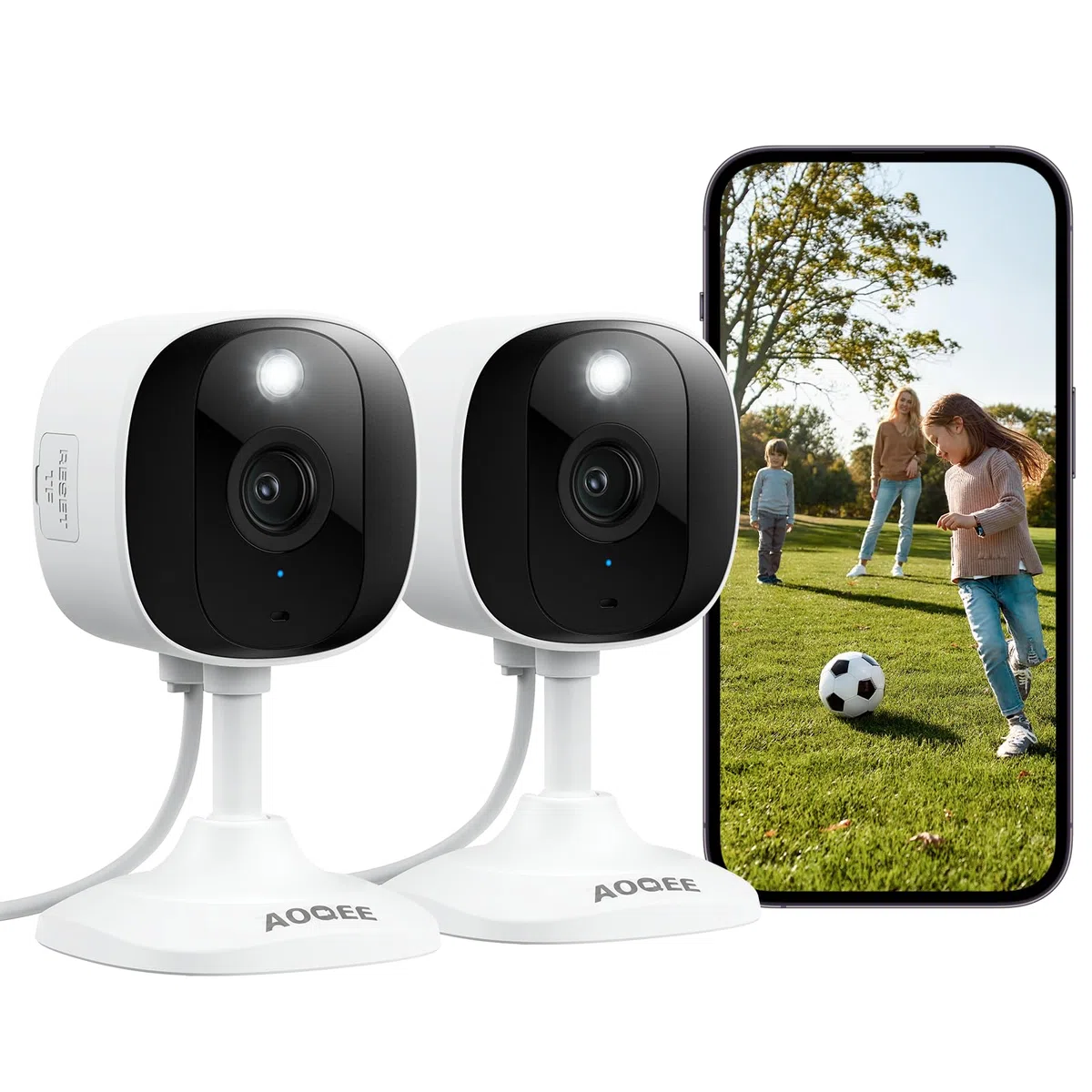 AOQEE 2 zestawy kamer bezpieczeństwa do wewnątrz - 2K kamera dla zwierząt domowych do monitorowania niemowląt, CCTV do domu, wykrywanie ludzi, wodoodporna IP65, 24/7 przechowywanie, noktowizor w