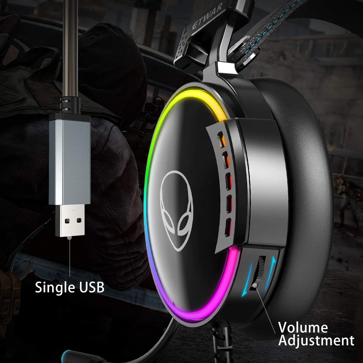 ETWAR PS4 zestaw słuchawkowy do gier USB do PC - 7.1 dźwięk przestrzenny słuchawki z mikrofonem - RGB zestaw słuchawkowy kompatybilny z PS4, PC, laptop-Over Ear gamingowy zestaw słuchawkowy - mocny basowy dźwięk gamingowy zestaw słuchawkowy