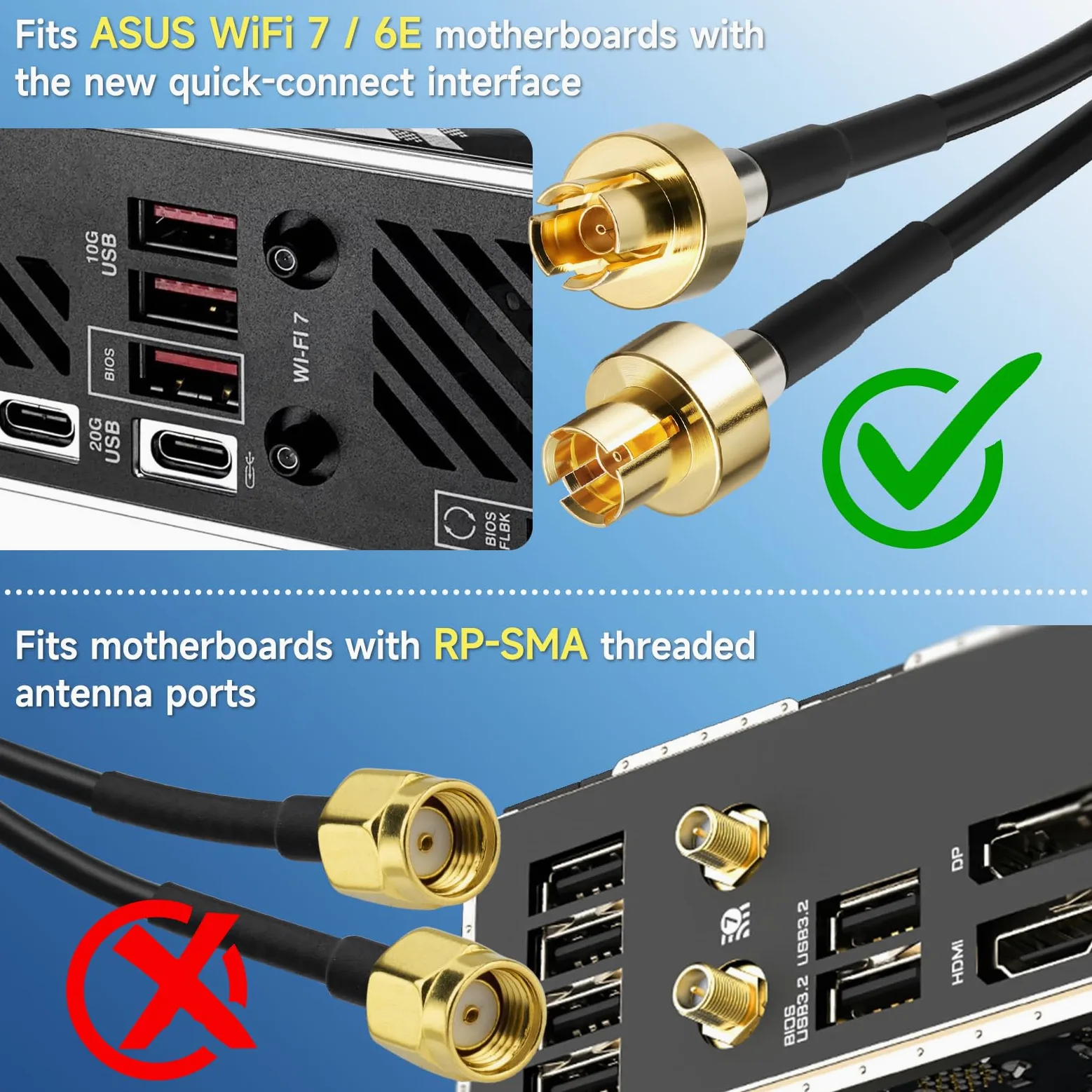 Eightwood Antena WiFi 7 Tri-Band 7dBi do PC Wspiera WiFi 6E/7 (2.4/5/6GHz) Kompatybilna z ASUS ROG Strix X870E-E B850-E ROG Maximus Z890 TUF Gaming B850 Z890 Gaming + Magnetyczna Podstawa z kablem 2m