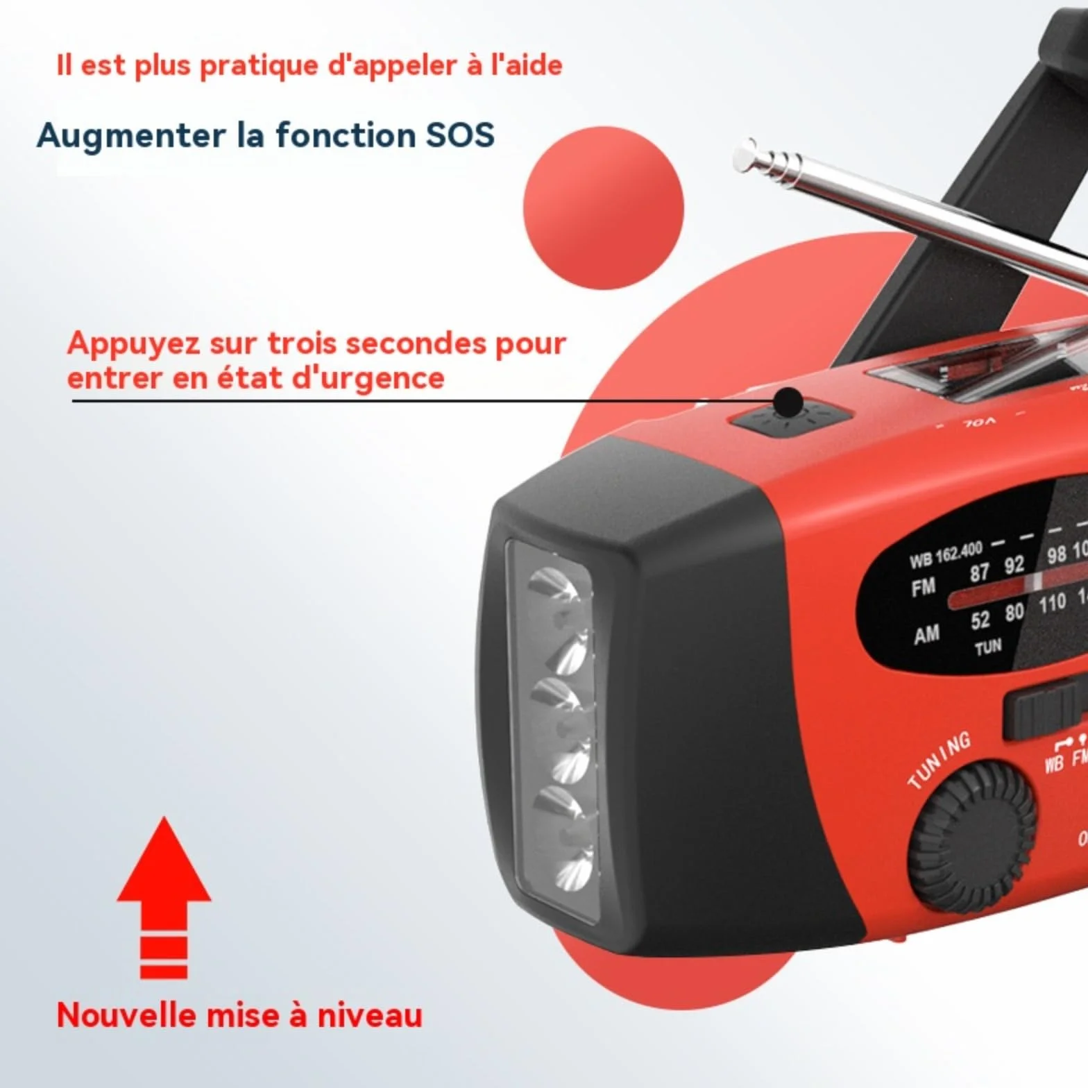 Radio awaryjne z baterią zewnętrzną 2000 mAh, ładowanie słoneczne/korbowe, AM/FM/WB, alarm SOS i lampka do czytania - wodoszczelność IPX4 do przetrwania na zewnątrz