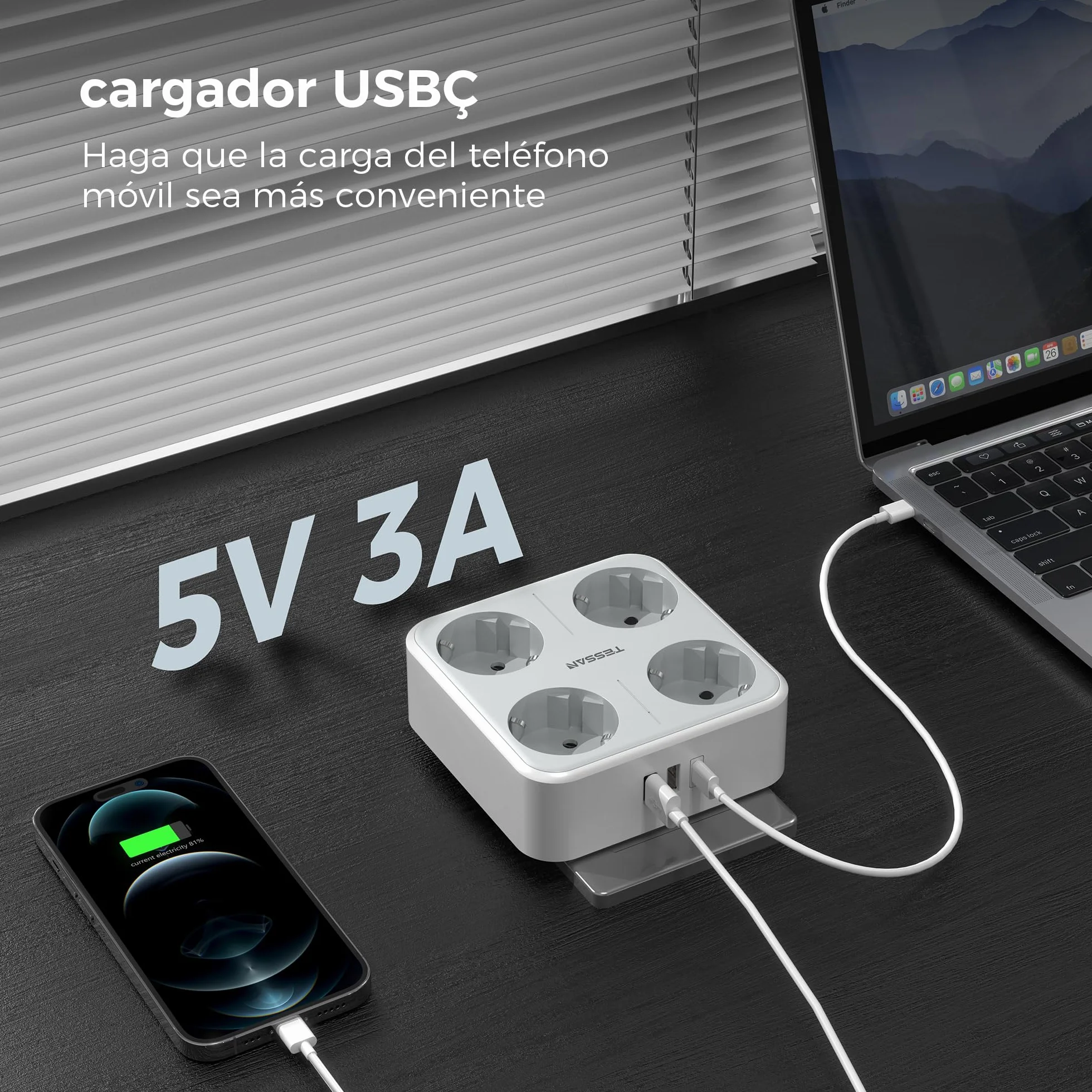 TESSAN Gniazda USB C, Wiele Gniazd 4 Gniazda Schuko z 1 USB C i 2 USB A, do Gniazd 4000 W, Gniazdo USB 7 w 1 do Biura, Kuchni, Gniazdo ścienne Szare