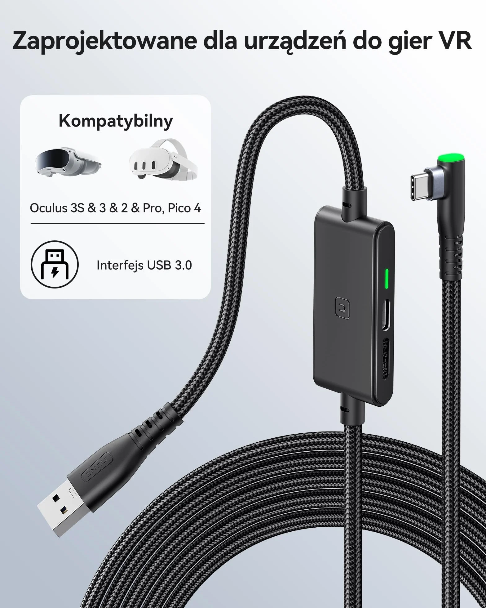 INIU Kabel Link 5 m USB A 3.0 na USB C do Meta Oculus Quest 3/2/Pro Pico 4 Steam VR PC