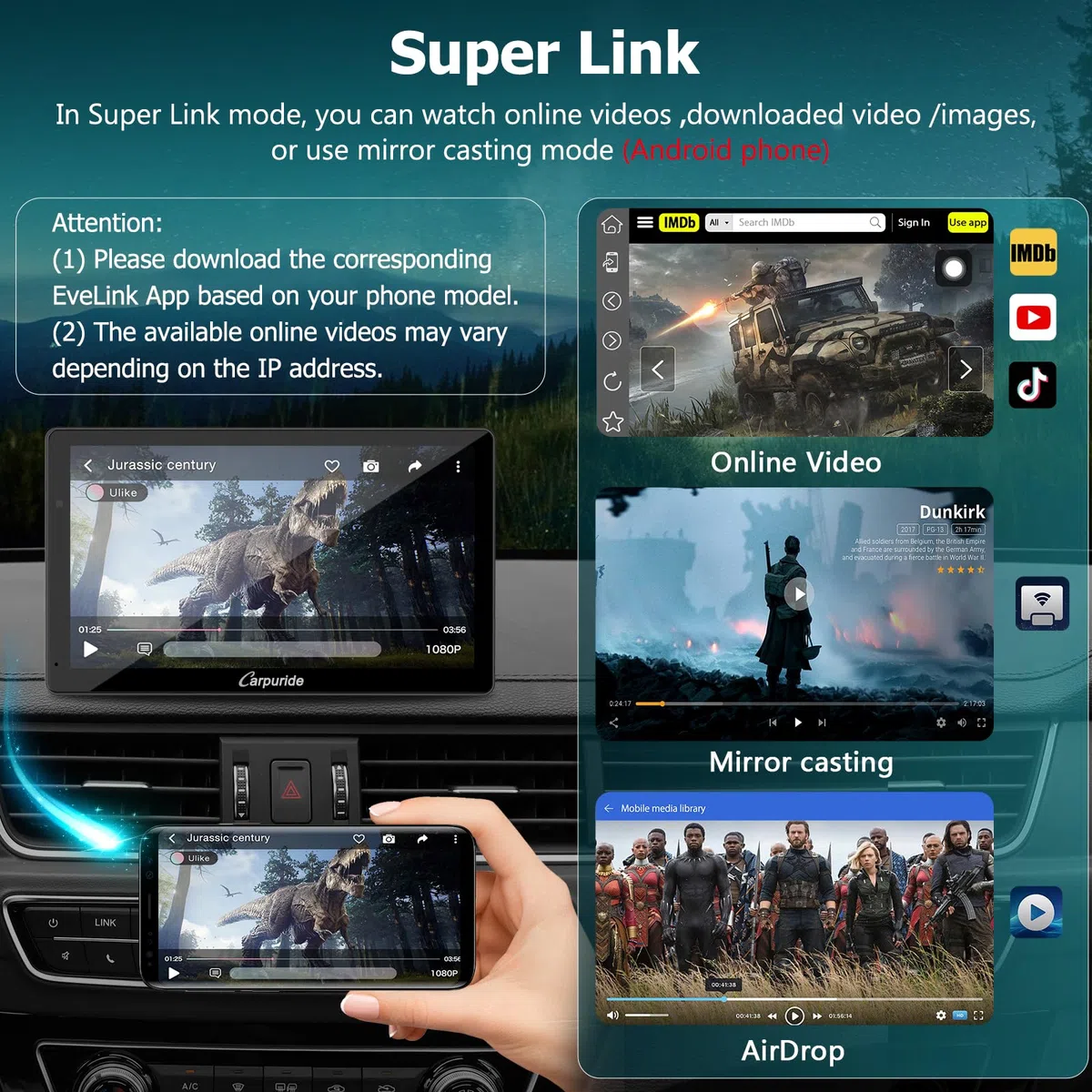 Carpuride W703 przenośny bezprzewodowy system Carplay i Android Auto z kamerą rozdzielczą – 7-calowy ekran HD IPS, kamera przednia 4K i kamera cofania 1080p, nagrywanie w pętli, GPS, Siri, muzyka,
