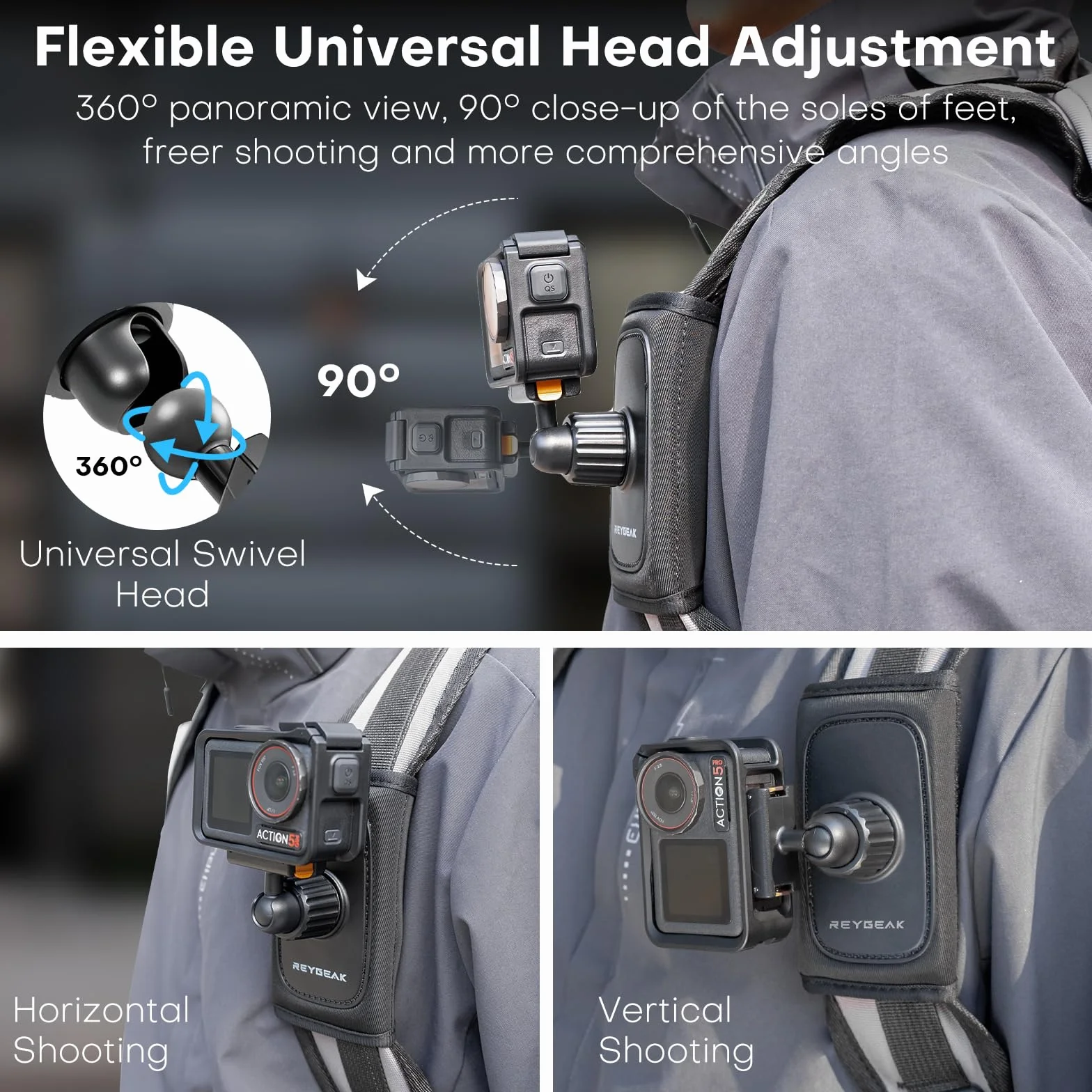 REYGEAK Uchwyt na ramię do plecaka DJI OSMO Action 5 Pro/Action 4/Action 3, z regulowaną wyściółką na ramię, system mocowania paska