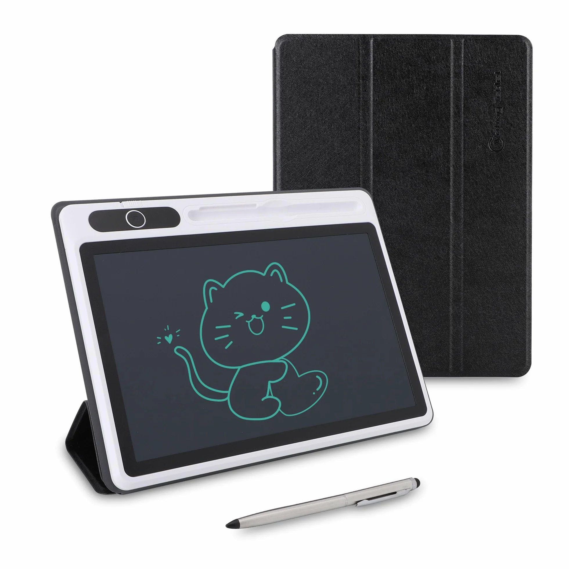 Elektroniczny notatnik LCD, podkładka do rysowania materiały biznesowe cyfrowy notatnik elektroniczny tablet notebook USB narzędzie do ręcznego malowania 23 cm (czarny (z etui ze sztucznej skóry))