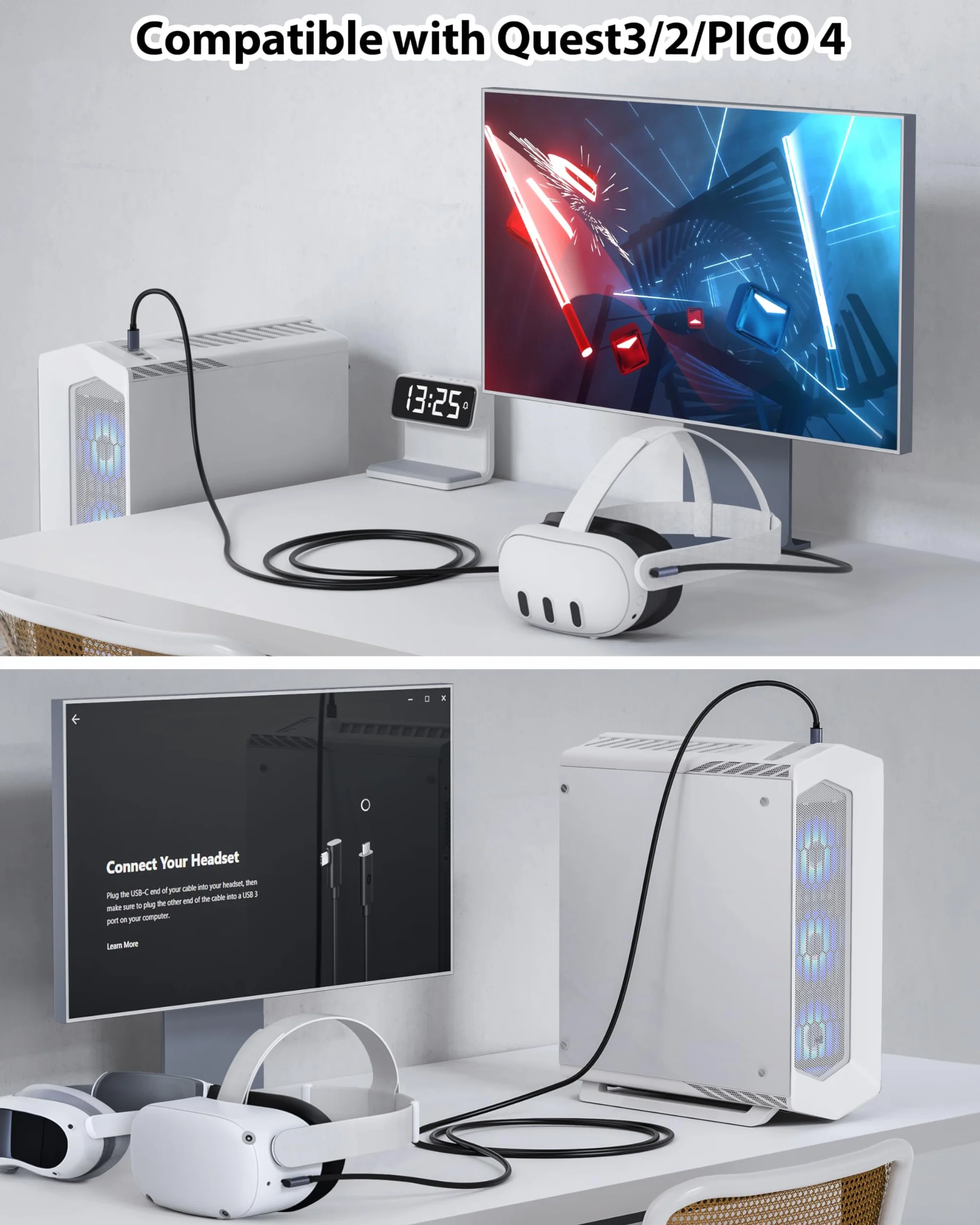Kabel łączący 5 m do Meta/Oculus Quest2/Pro, PICO 4, PC/Steam VR, szybkie ładowanie USB 3.0