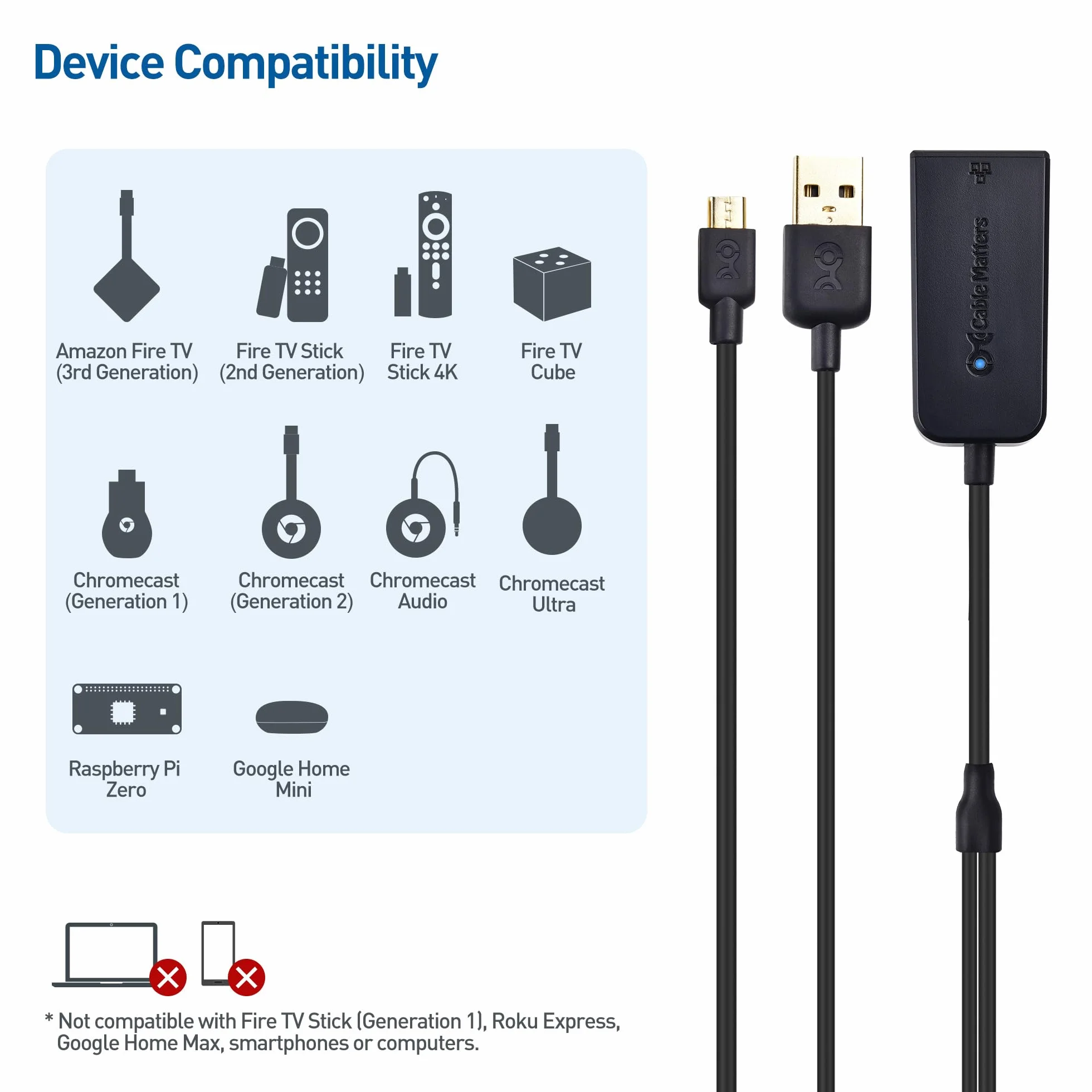 Cable Matters Adapter Micro USB do Ethernet do 480 Mb/s dla urządzeń do transmisji strumieniowej, w tym Chromecast, Google Home Mini i nie tylko - niezgodny z urządzeniem Roku