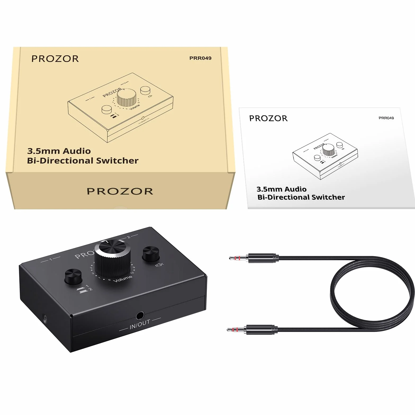 PROZOR Dwukierunkowy przełącznik audio, 3,5 mm, przełącznik audio, 2 (1) IN-1(2) Out z regulacją głośności, kabel 3,5 mm do komputera, telewizora, głośników