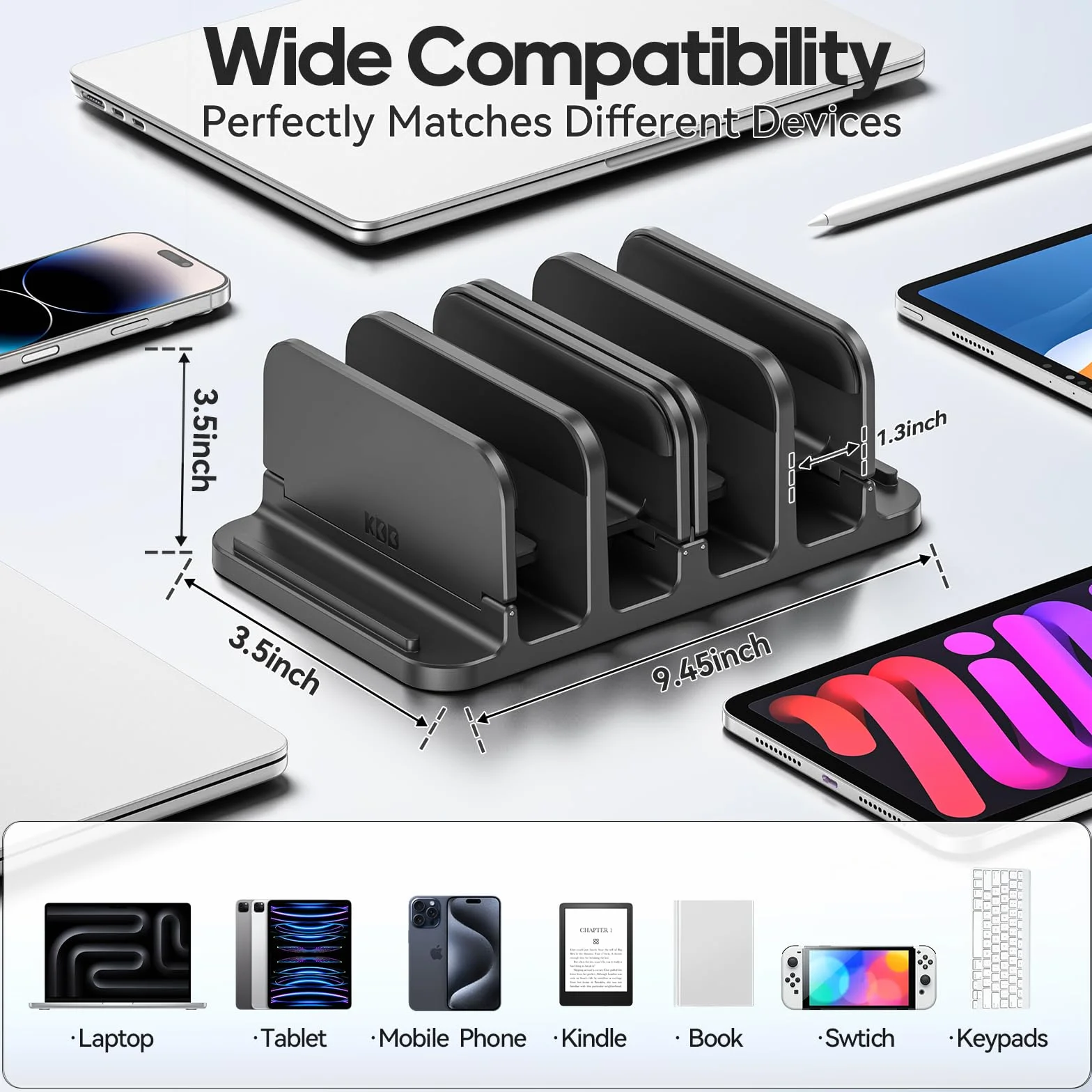 KDD Pionowy stojak na laptopa z blokadą grawitacyjną, uchwyt na laptopa 6 w 1, organizer oszczędzający miejsce pasuje do MacBooka/Surface/Samsung/HP/Dell/Book/tablet/Switch i telefonu komórkowego