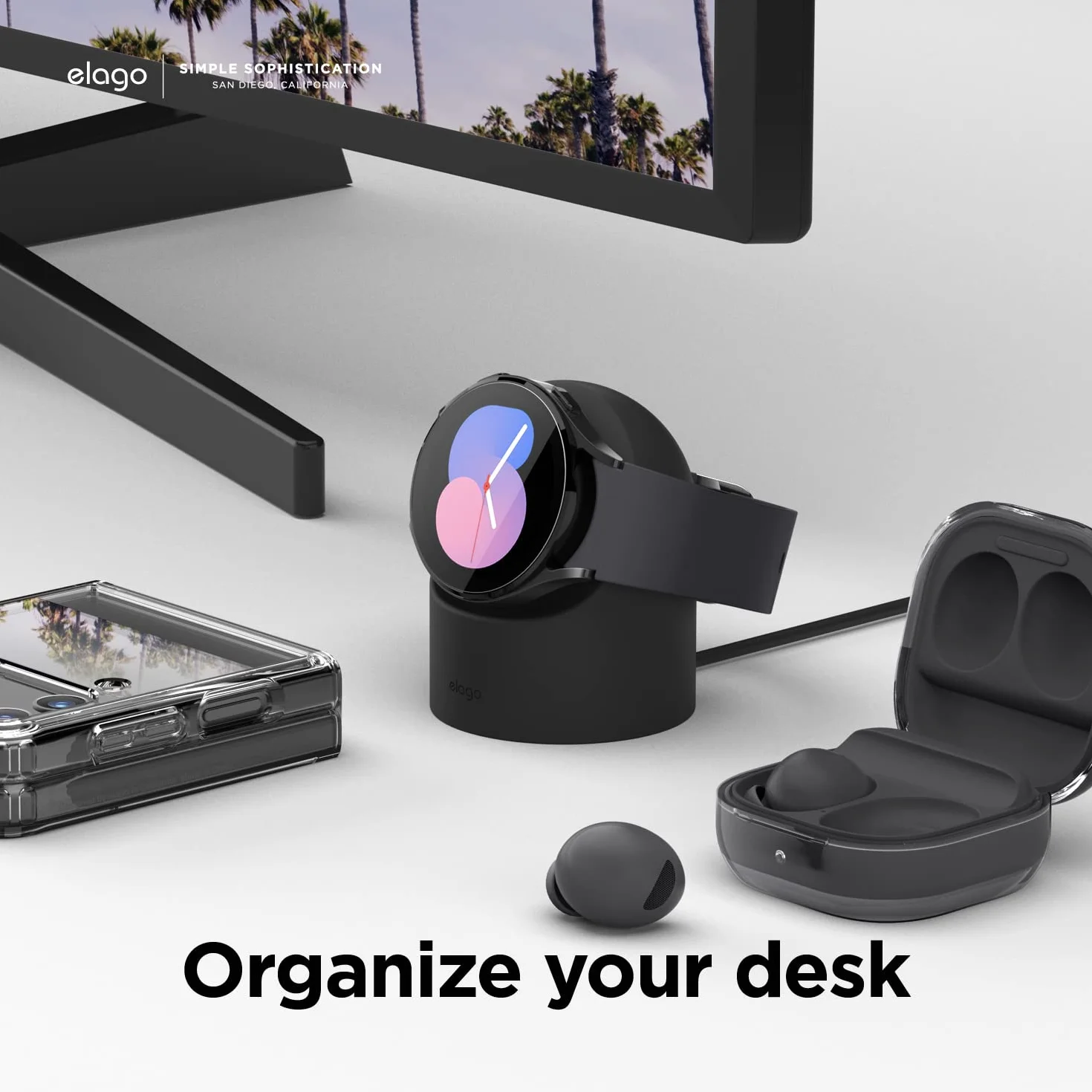 Elago Stojak na ładowarkę do Samsung Galaxy Watch 7/7 Ultra, 6/6 Classic, 5/5 Pro [40/43/44/45/47mm], tryb szafki nocnej, zarządzanie kablami (kabel do ładowania nie wchodzi w zakres dostawy), czarny