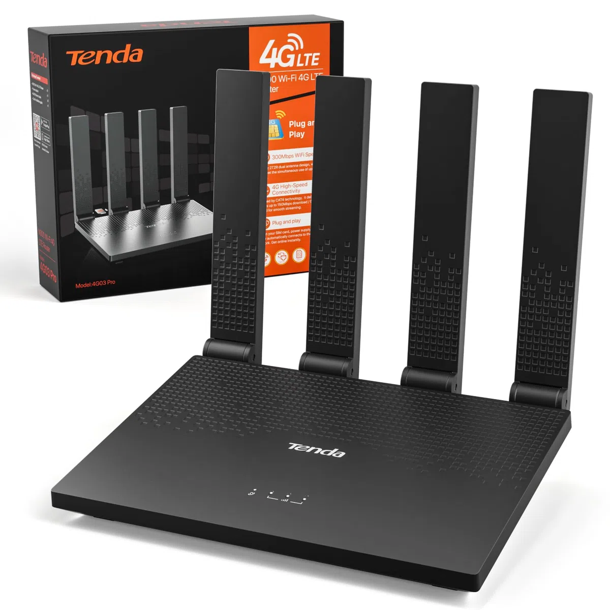 Tenda Router 4G z kartą SIM (4G03 Pro V2.0), modem LTE Cat4, Wi-Fi N300, LAN/WAN, 4 składane anteny, wtyczka i odtwarzanie, obsługa 32 urządzeń, przenośny router do kamperów, domków wiejskich i