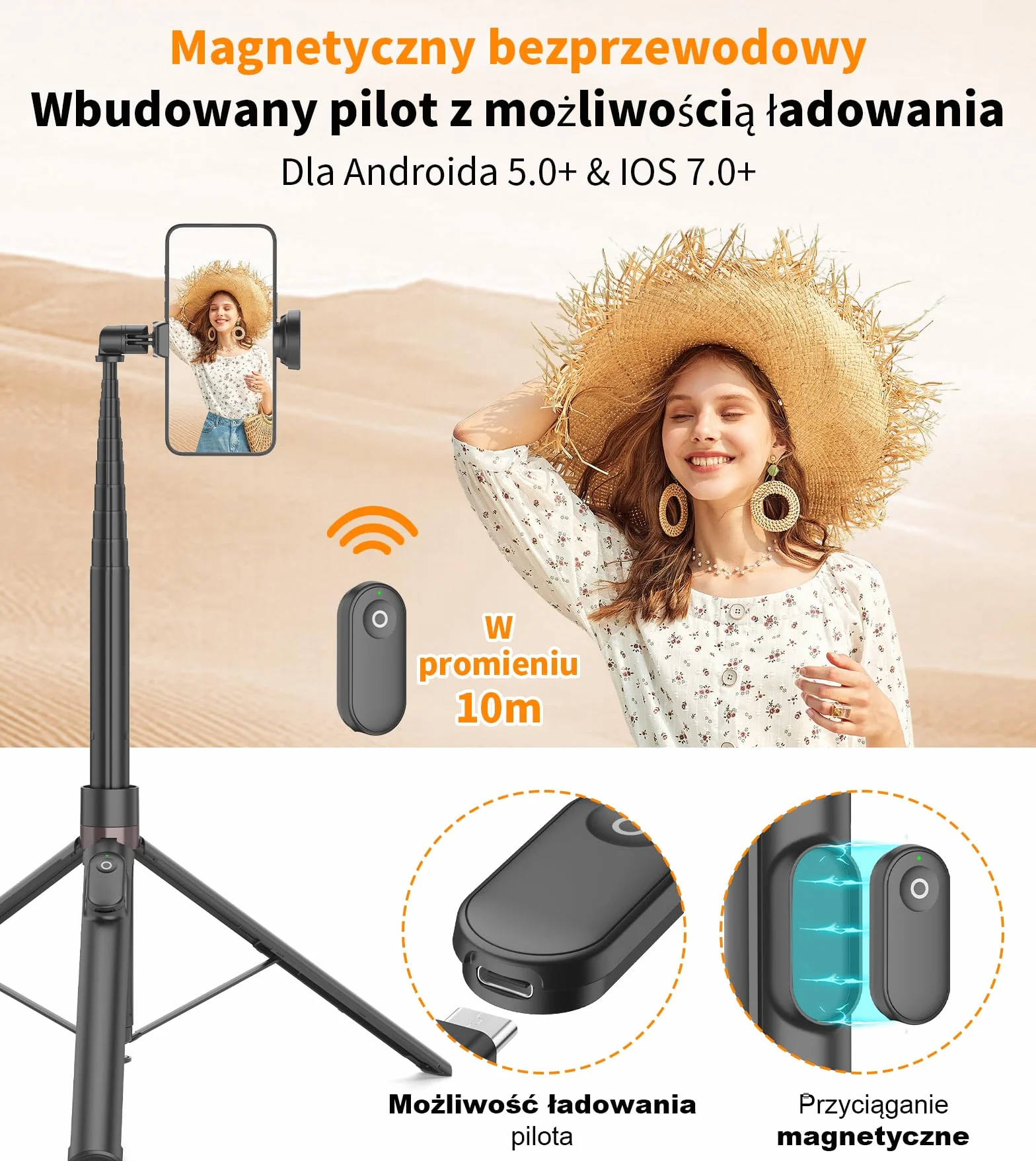 TONEOF Automatyczny Statyw do Selfie 168cm z Magnetycznym Pilotem Obrotowy 360° na iPhone Android Czarny