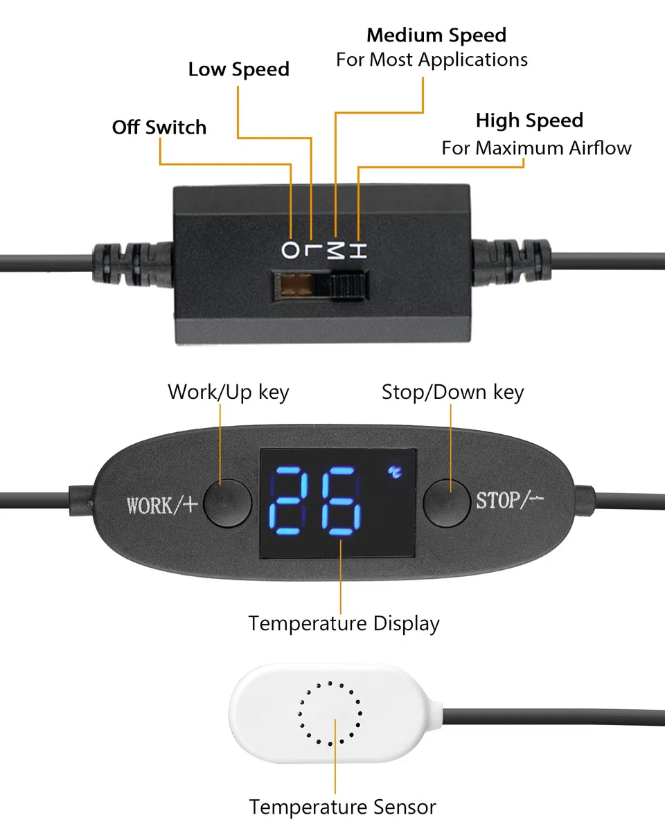 Wentylator USB 120 mm, cyfrowy wyświetlacz sterowany temperaturą, cichy system wentylatora, wentylator 5 V z nowoczesną, szczotkowaną czarną ramą aluminiową do szafek kina domowego AV
