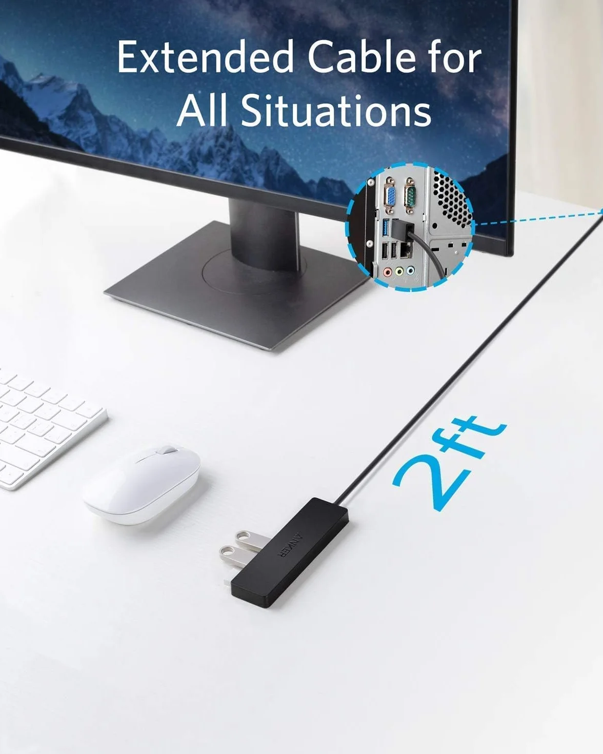 Anker Smukły i wydajny 4-portowy hub danych USB 3.0 z wydłużonym kablem 60 cm, do MacBooka, Pro/Mini, iMac, Surface Pro, XPS, laptopów, pamięci USB, mobilnych dysków twardych i innych urządzeń
