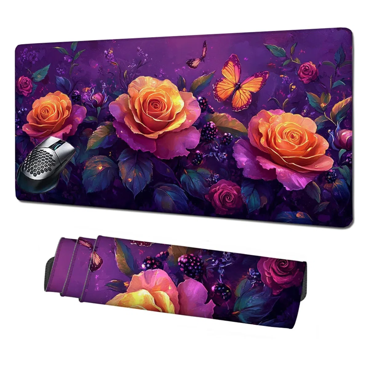 Gamingowa podkładka pod mysz XXL, 1200 x 600 mm, róża, motyle, podkładka na biurko z antypoślizgową gumową podstawą, szyte krawędzie, poprawia prędkość, precyzja, akcesoria gamingowe X1-372