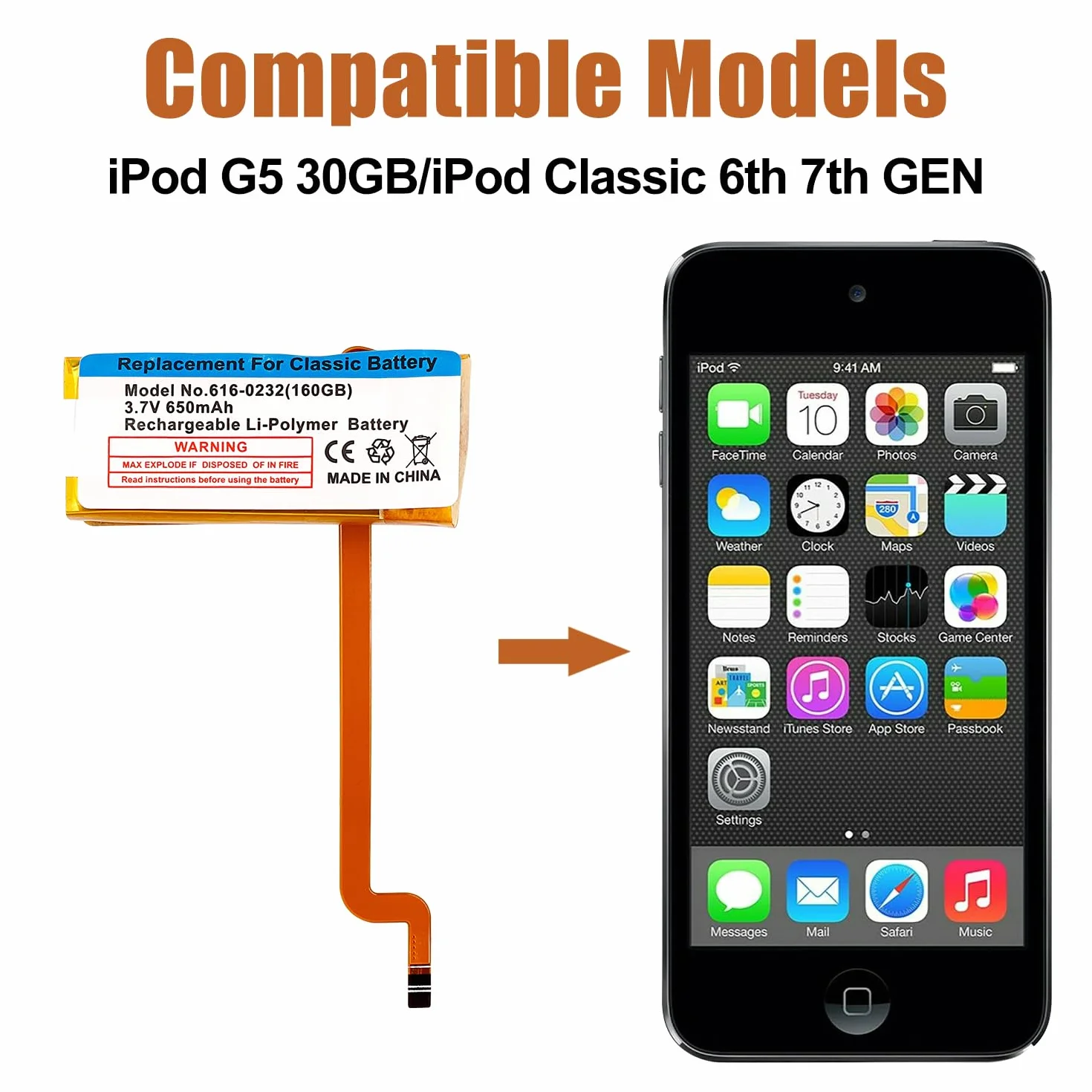Duotipa Zapasowa bateria 616-0232,616-0227,616-0229,616-0230,616-0412 kompatybilna z iPod G5 30GB A1136, iPod Classic 6th 7th GEN bateria z zestawem narzędzi do naprawy