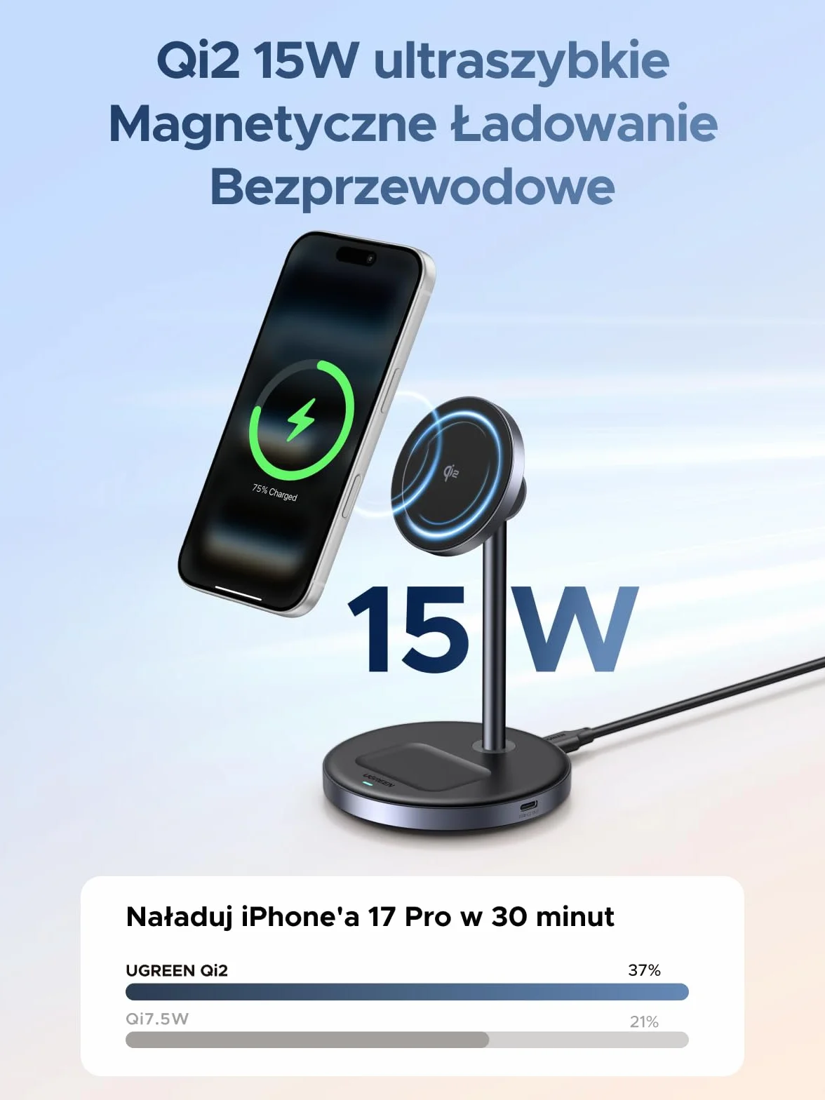 UGREEN Zapix Qi2 Magnetyczna Bezprzewodowa Ładowarka 2 w 1 15W Stacja Ładowania iPhone MagSafe