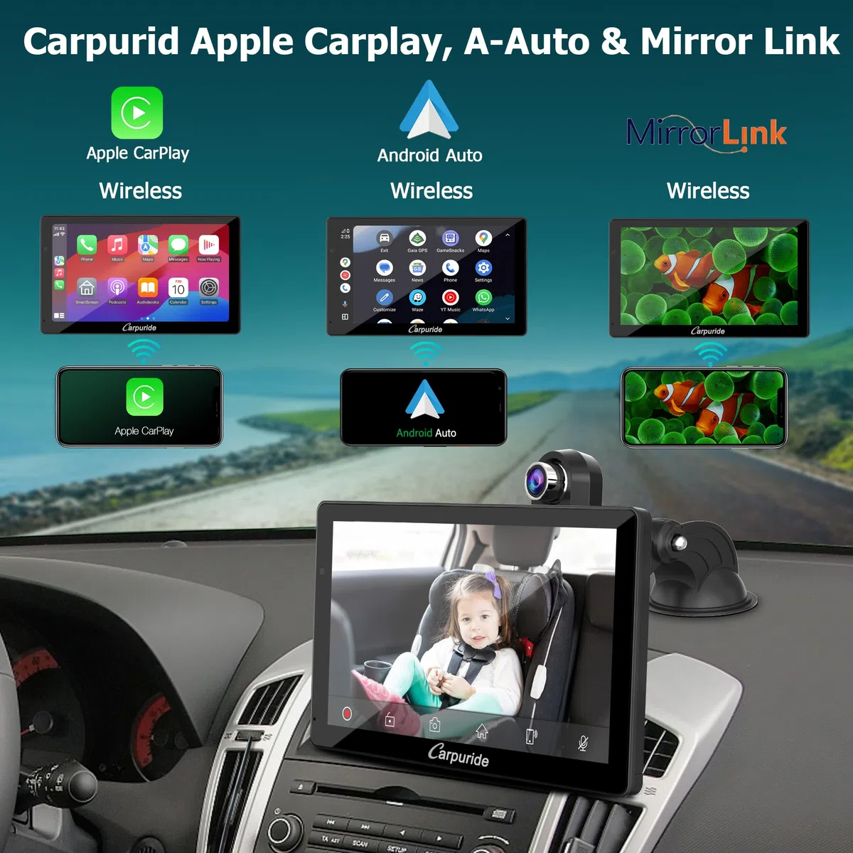 Carpuride W703 przenośny bezprzewodowy system Carplay i Android Auto z kamerą rozdzielczą – 7-calowy ekran HD IPS, kamera przednia 4K i kamera cofania 1080p, nagrywanie w pętli, GPS, Siri, muzyka,