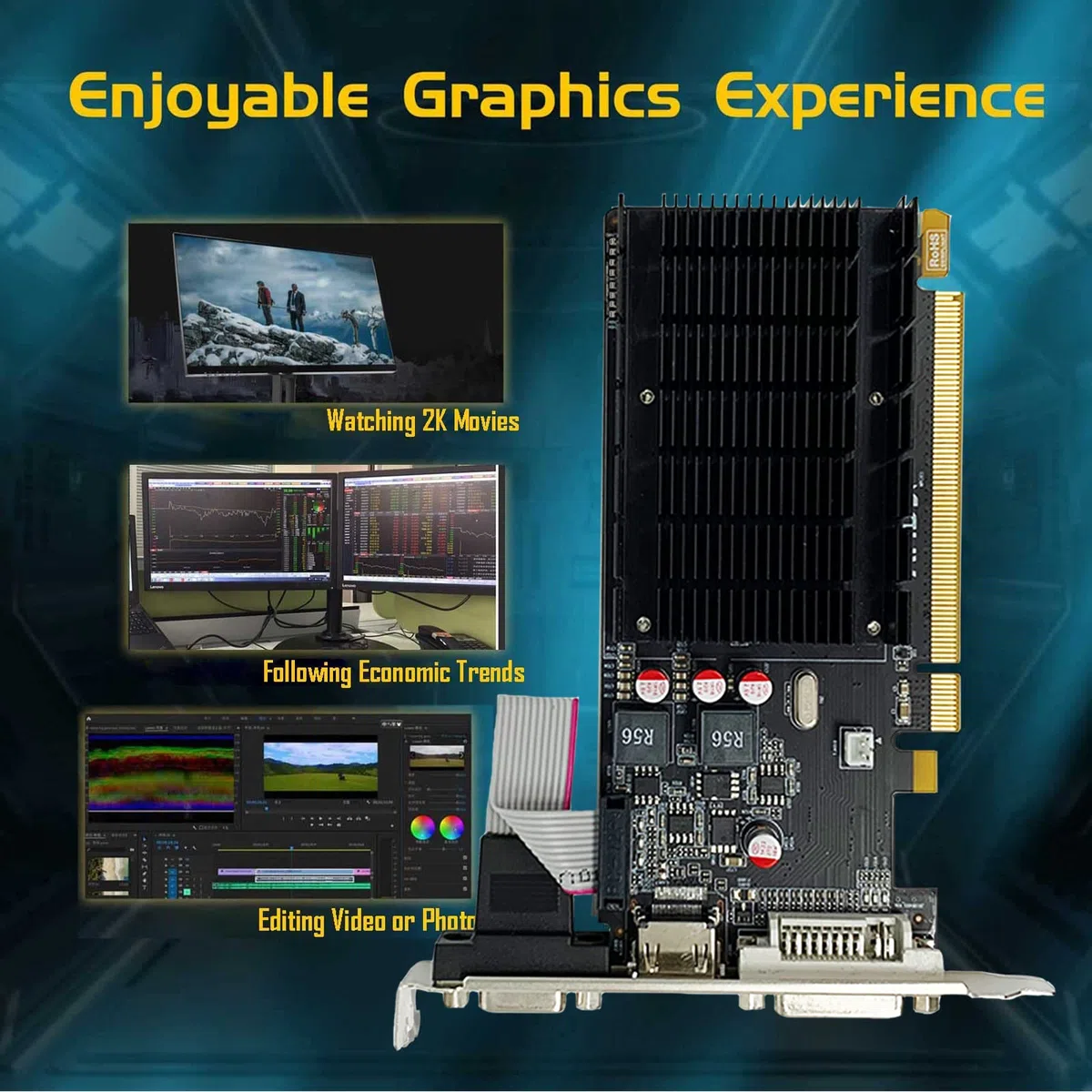 SAPLOS Radeon HD 5450 2 GB GDDR3 64-bitowa (DVI, HDMI, VGA), niskoprofilowy komputer GPU, PCI Express 2.0x16, karta wideo PC do cichej budowy HTPC, DirectX 11