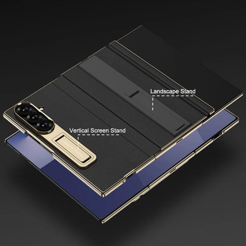 Skórzane etui na telefon Samsung Galaxy Z TriFold z wbudowaną osłoną ekranu ze szkła hartowanego, magnetyczne etui z klapką z podwójnym składanym stojakiem, ochrona całej obudowy (czarne, platerowana