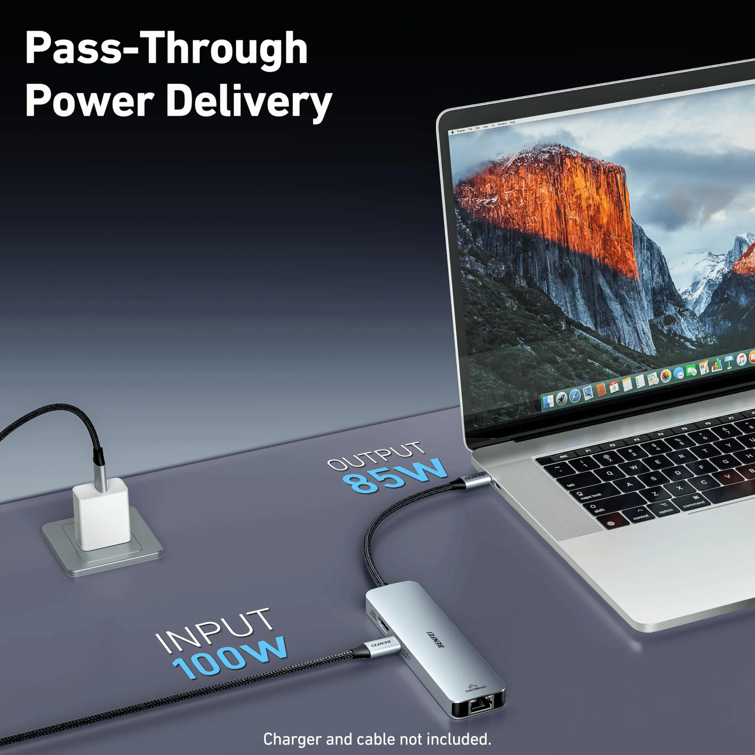 BENFEI Hub USB C 6 w 1 HDMI 4K@60Hz USB-A USB-C 100W Gigabit Ethernet Kabel silikonowy do MacBooka Pro Air iPada Pro iMaca