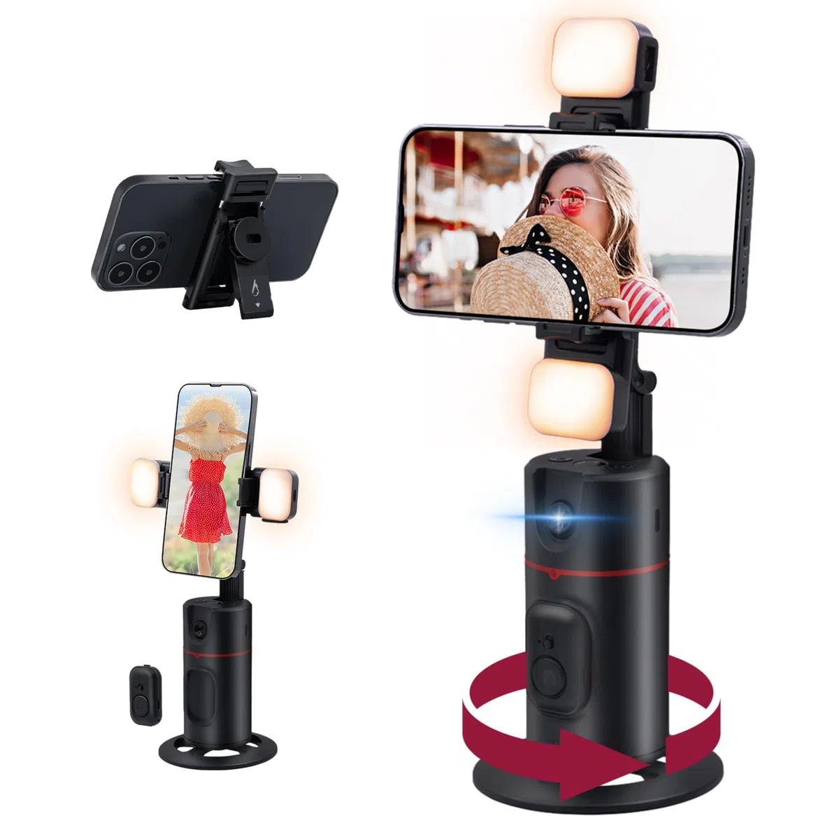 Mcbazel 360 Rotating Smart Face/Body Shooting Holder,Auto Face Tracking Tripod,Rechargeable Selfie Stick Phone Tripod with Fill Light for Vlog,Streaming,Video,Tiktok (Upgraded Version/No App)