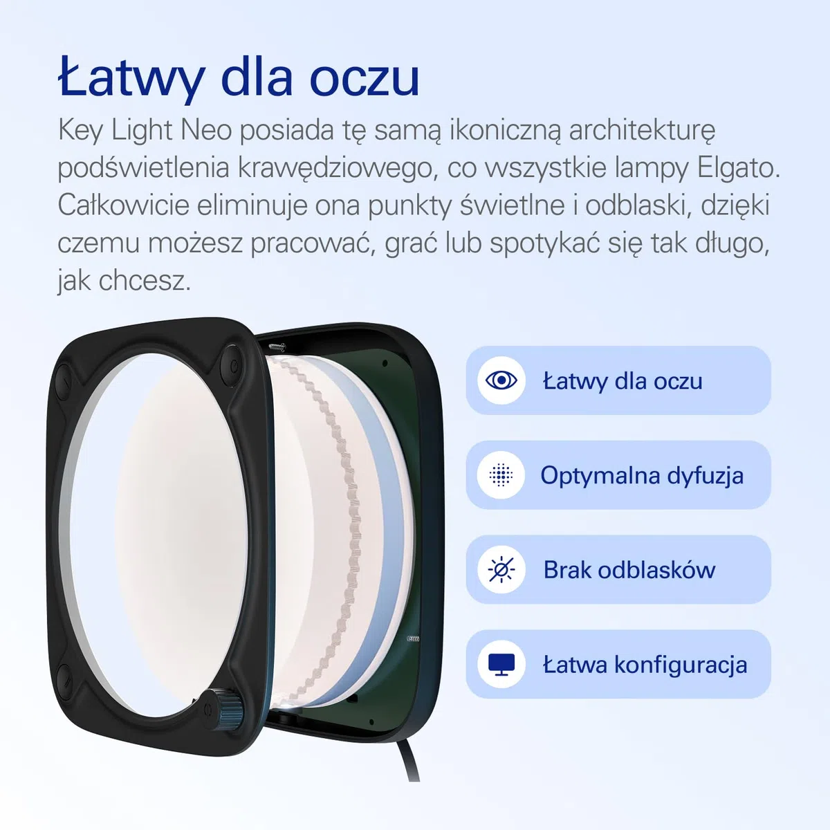 Elgato Key Light Neo (Czarny) – profesjonalne oświetlenie, bez odblasków, regulowane mocowanie, sterowanie ręczne lub Wi-Fi, biuro/transmisja, Teams/Zoom/Slack/Twitch/YouTube – Laptop, PC, Mac | Oświetlenie do wideorozmów i streamingu, Wi-Fi lub onboard,