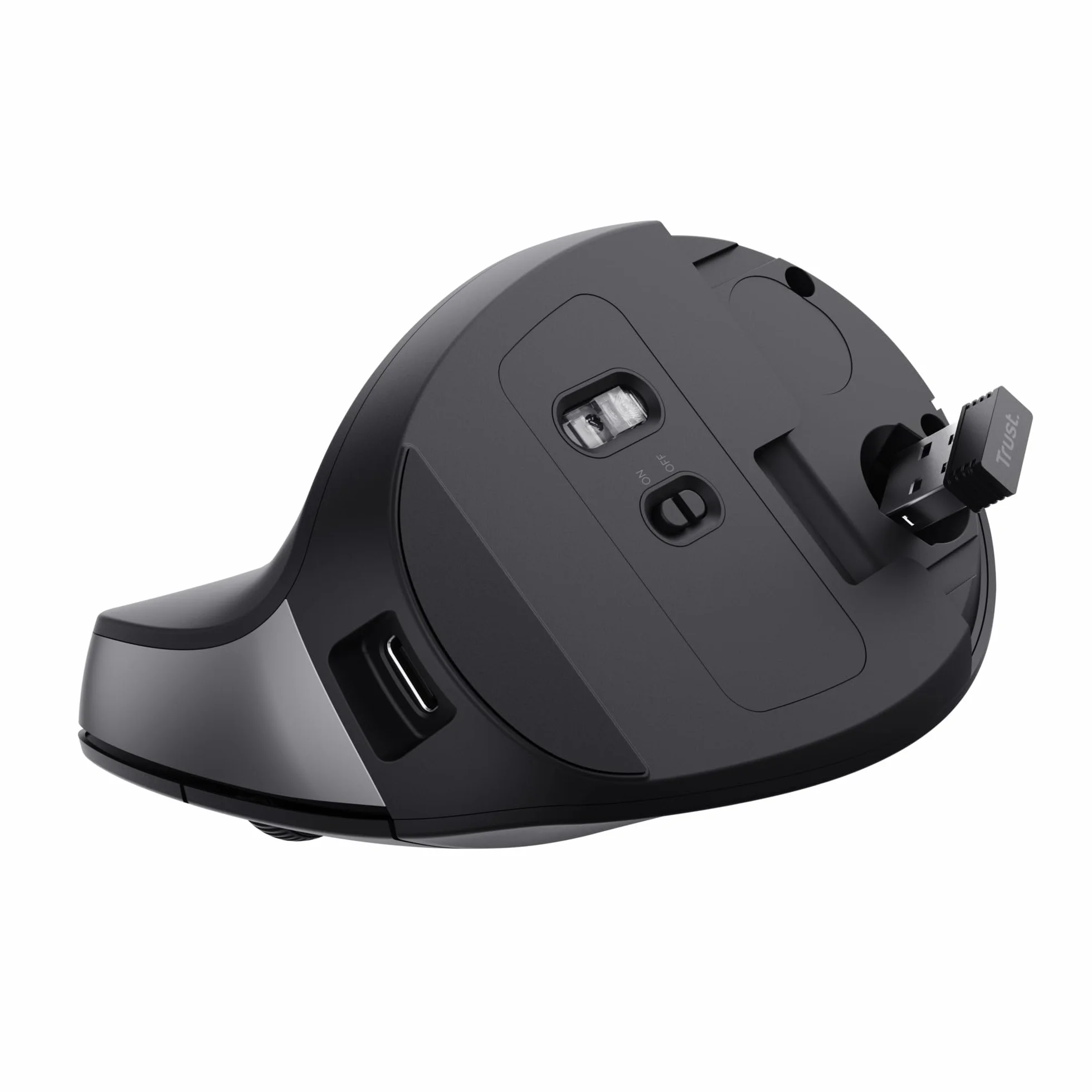 Trust Yuno Ergonomiczna Mysz Bezprzewodowa Pionowa, USB 2.4GHz, Regulowane DPI 800-2400, Czarny