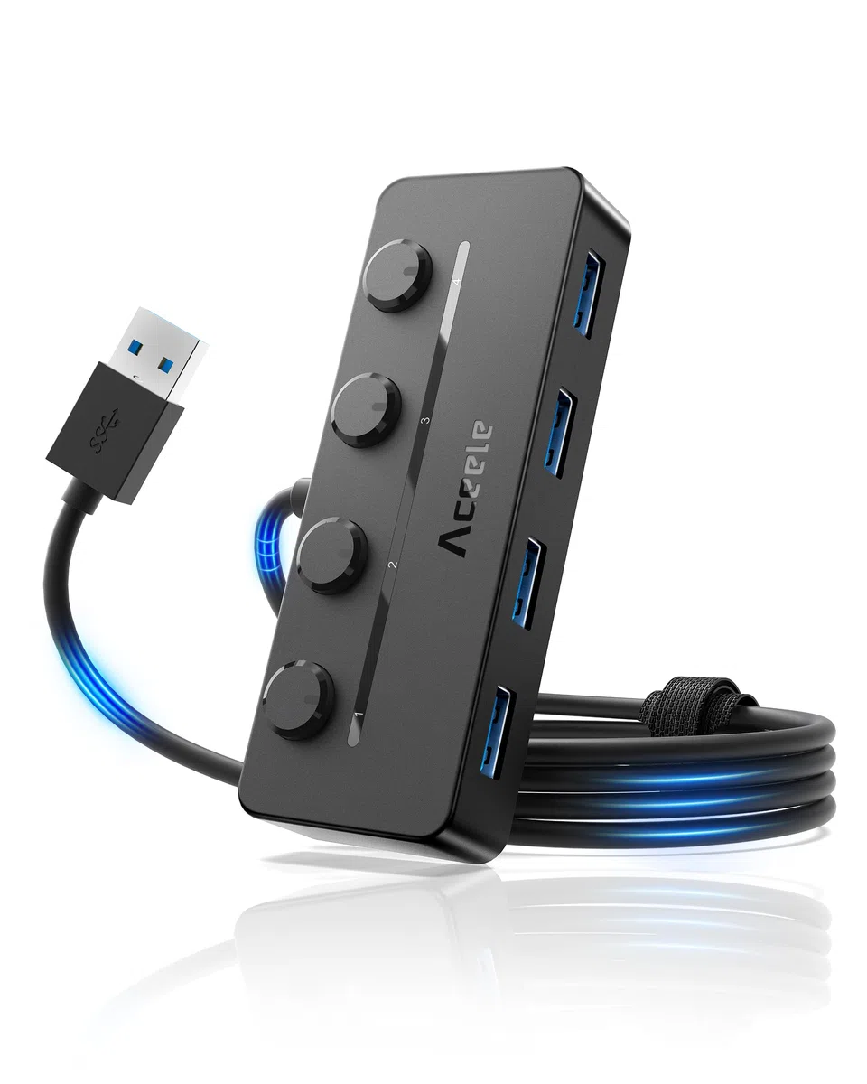 Aceele 4-portowy Koncentrator Usb Z Kablem Przedłużającym 120cm/4ft, Koncentrator Danych Usb A 3.0 Z Indywidualnymi Przełącznikami Zasilania Led Do Komputerów Pc, Laptopów, Pamięci Flash