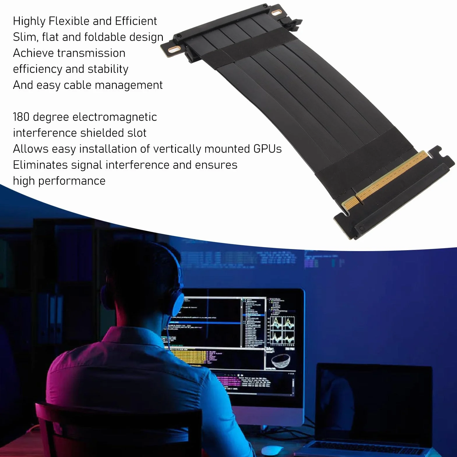 Kabel Riser PCIE 4.0 X16 do RTX 4090, Szybki Elastyczny Dwustronny Przedłużacz GPU 180 Stopni, Kompatybilny z RX 7900 XT (Czarny)